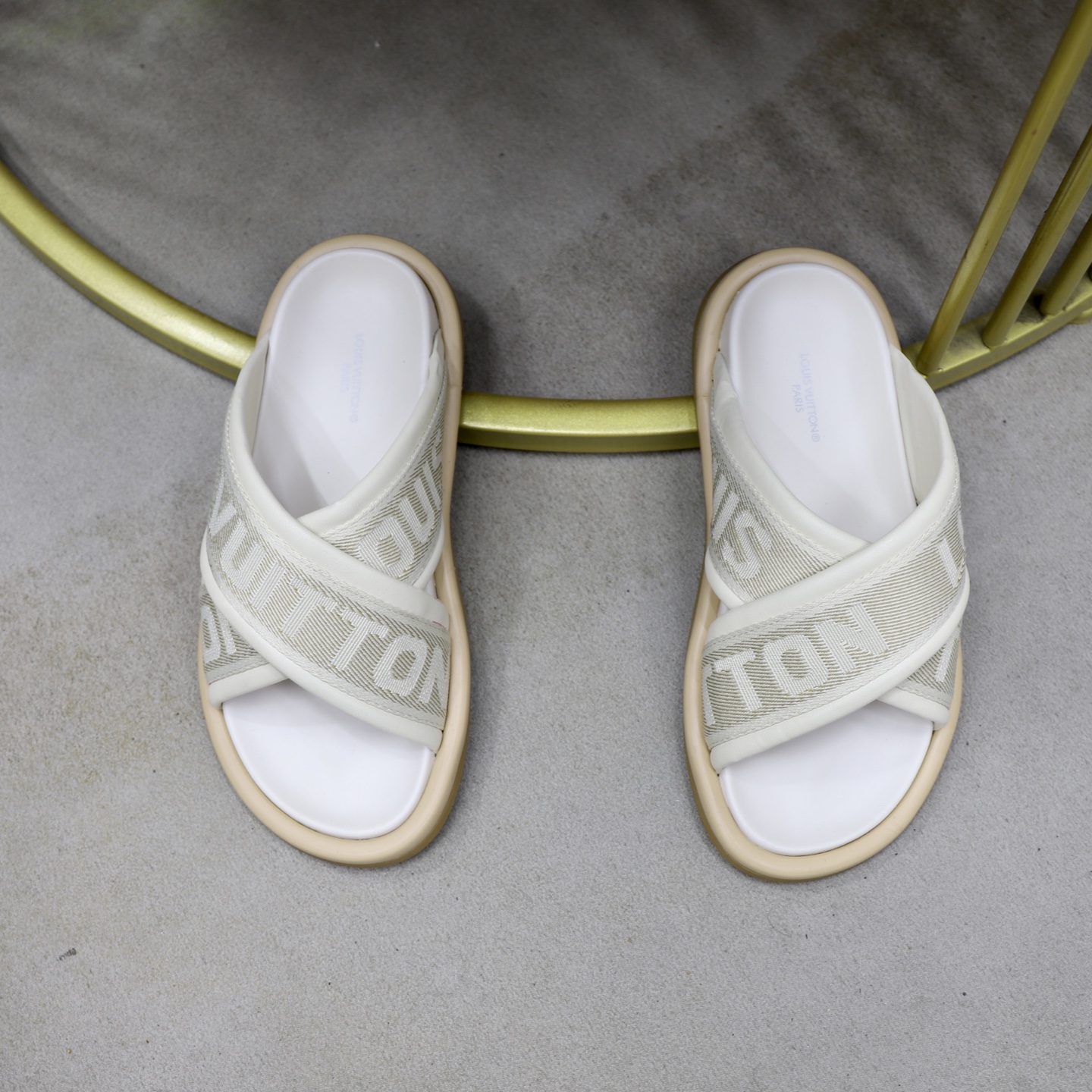 Louis Vuitton Monogram Embossed Cross Strap Sandals Slides, Beige, Unisex 4 i1740240511187 2346 0 2