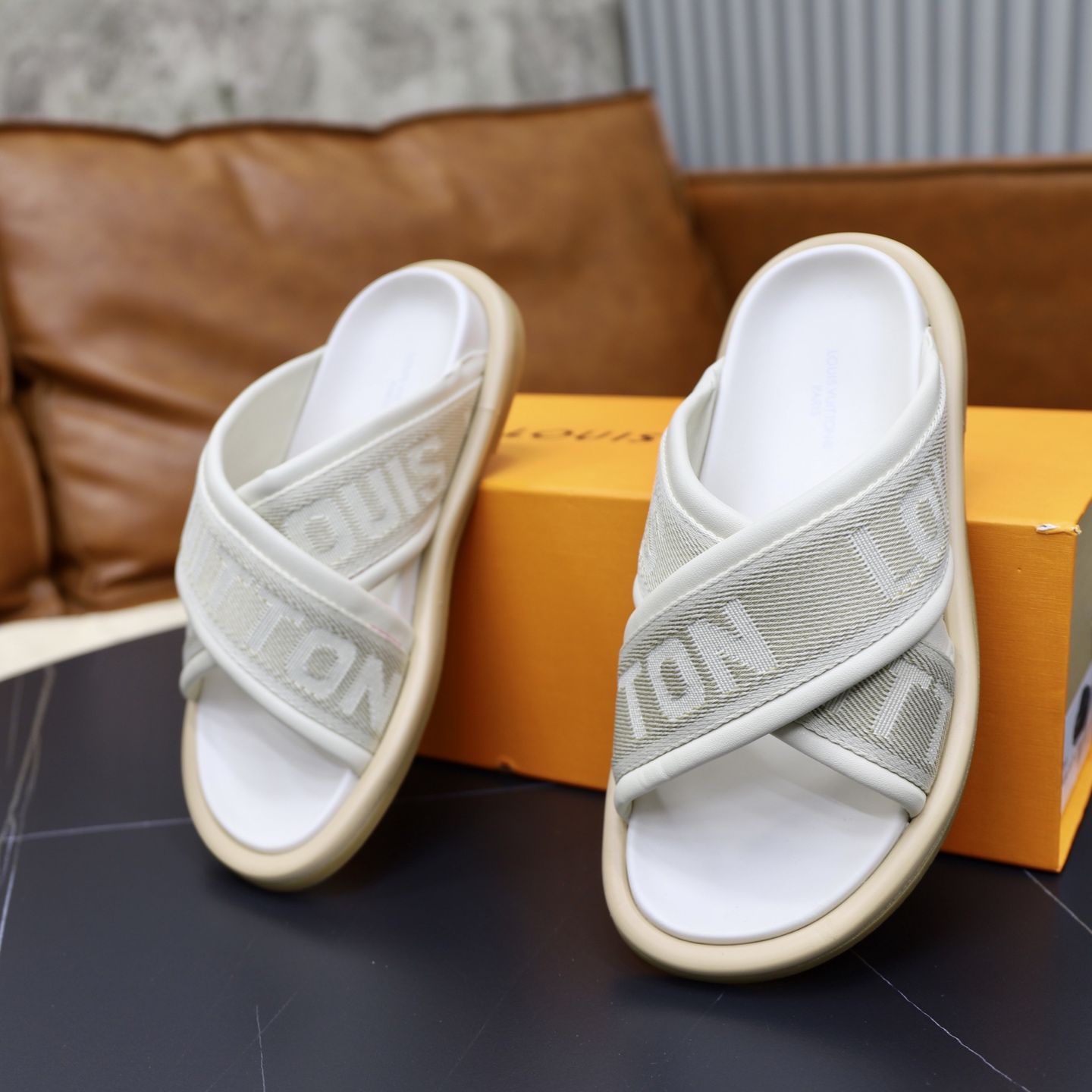 Louis Vuitton Monogram Embossed Cross Strap Sandals Slides, Beige, Unisex 7 i1740240511288 2227 0 5