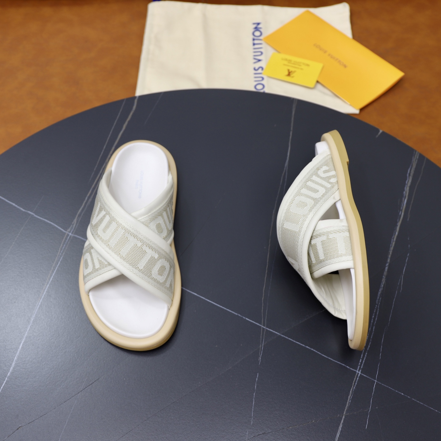 Louis Vuitton Monogram Embossed Cross Strap Sandals Slides, Beige, Unisex 8 i1740240511300 6880 0 6