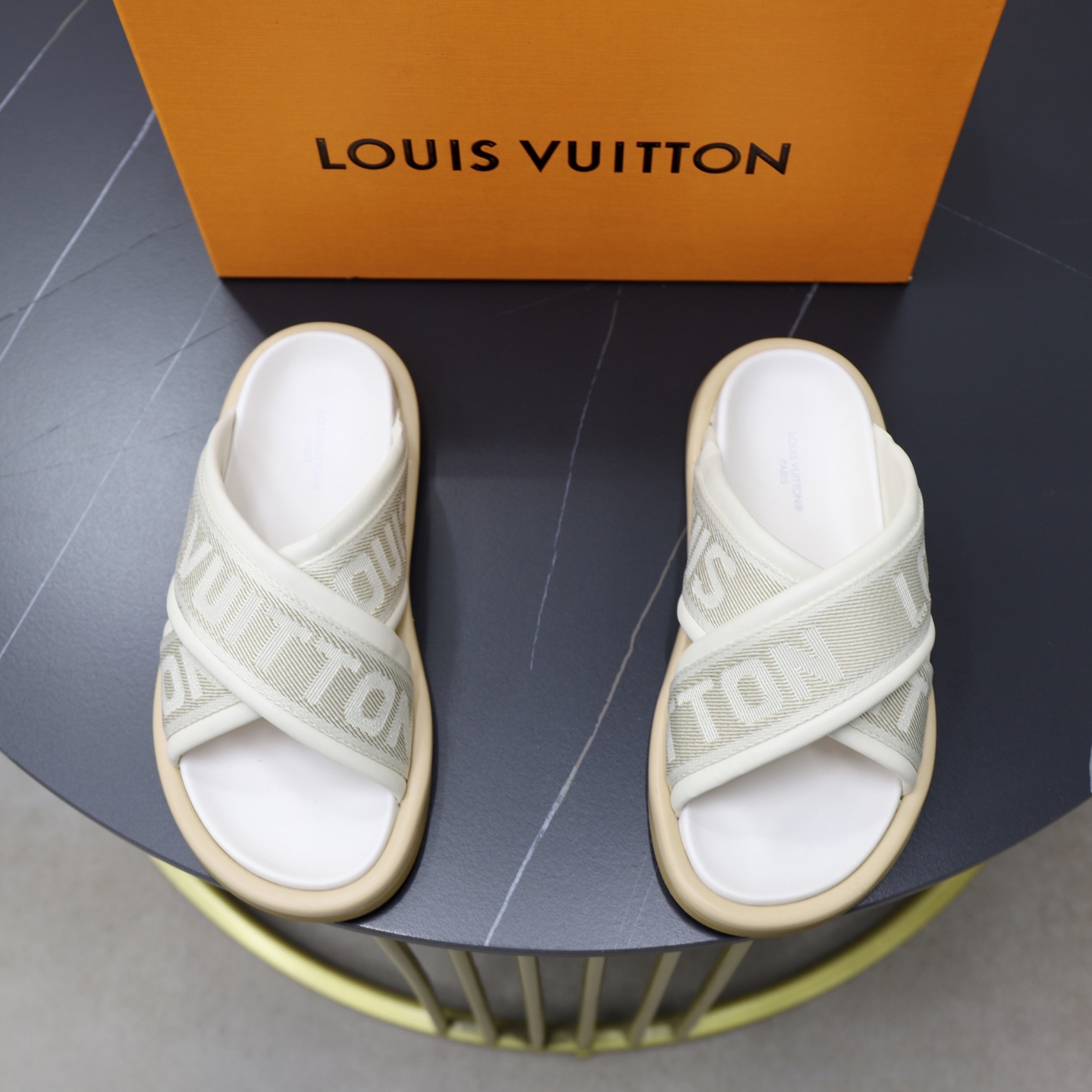 Louis Vuitton Monogram Embossed Cross Strap Sandals Slides, Beige, Unisex 1 Louis Vuitton Monogram Embossed Cross Strap Sandals Slides, Beige, Unisex