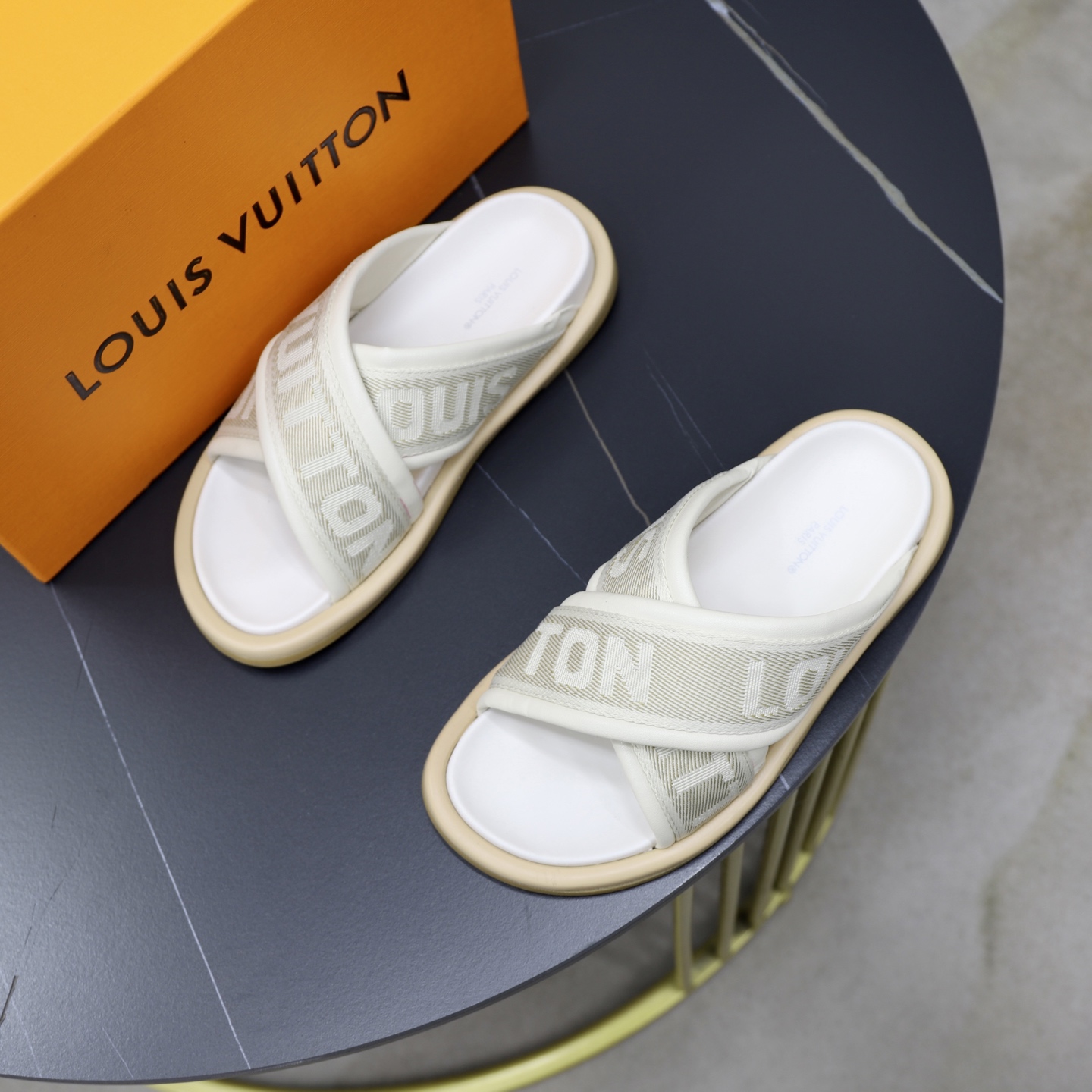 Louis Vuitton Monogram Embossed Cross Strap Sandals Slides, Beige, Unisex 3 i1740240512667 5461 0 1