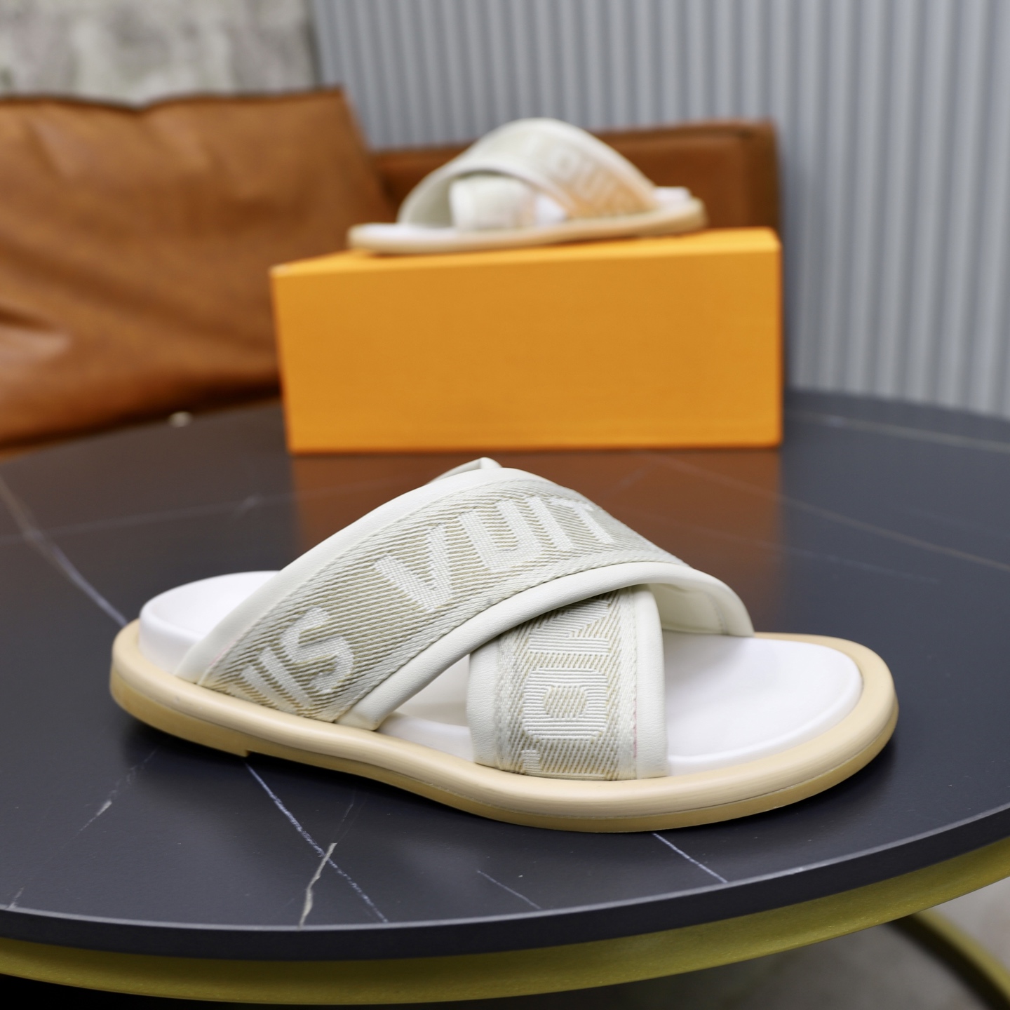 Louis Vuitton Monogram Embossed Cross Strap Sandals Slides, Beige, Unisex 9 i1740240512689 4622 0 7