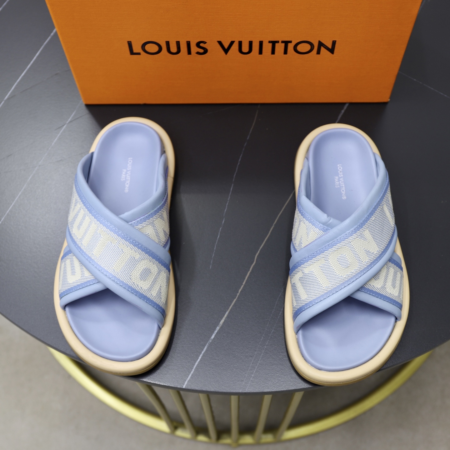 Louis Vuitton Embossed Denim Crossover Sandals - Stylish & Comfortable 1 Louis Vuitton Embossed Denim Crossover Sandals - Stylish & Comfortable