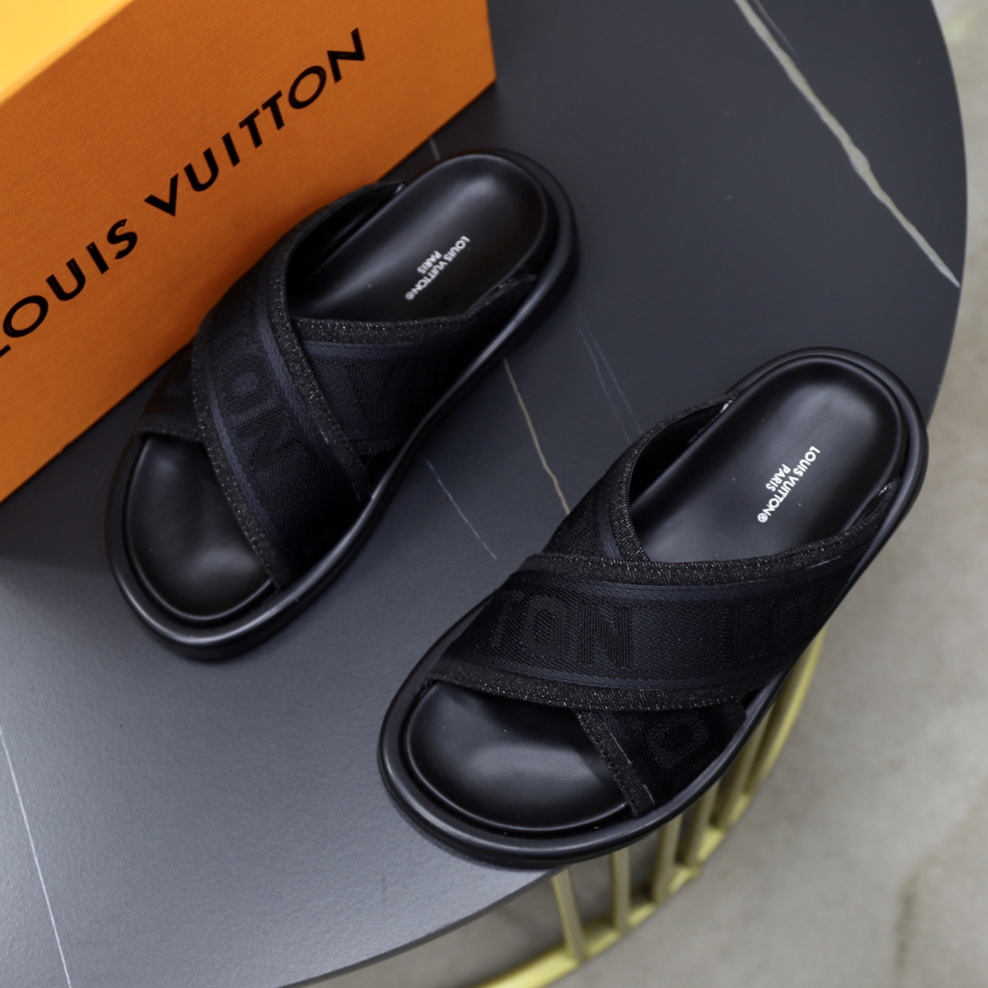 Louis Vuitton: Embossed Denim Cross Strap Slides - Chic Comfort, Couple Style 3 i1740240631436 9815 0 1