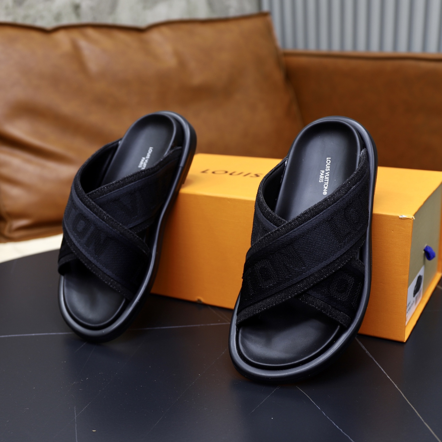 Louis Vuitton: Embossed Denim Cross Strap Slides - Chic Comfort, Couple Style 7 i1740240631466 7977 0 5