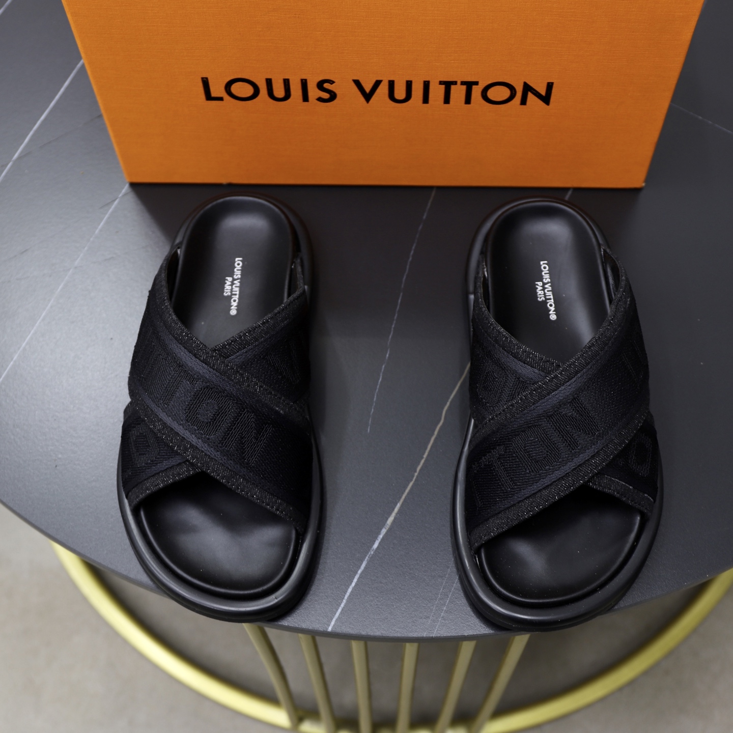 Louis Vuitton: Embossed Denim Cross Strap Slides - Chic Comfort, Couple Style 2 i1740240631469 43 0 0