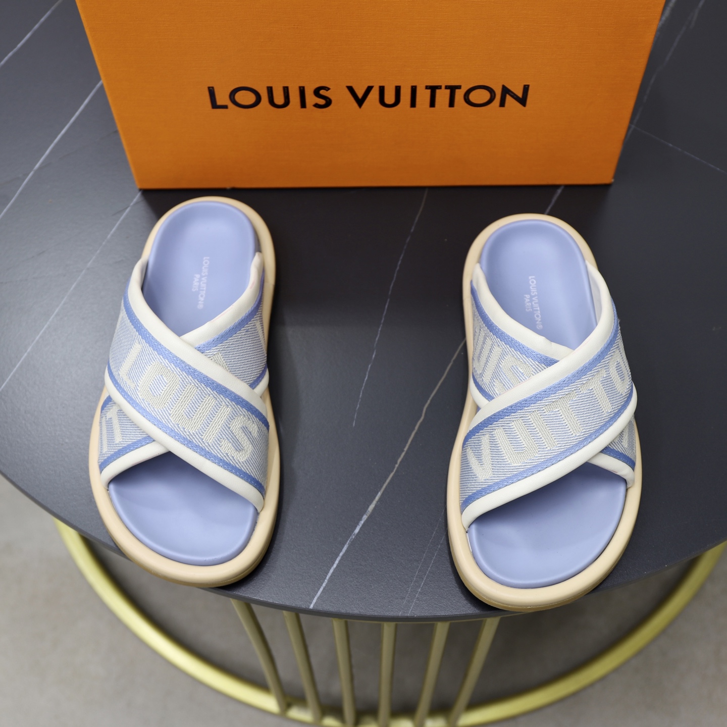Louis Vuitton Embossed Couple Slides Denim and Woven Upper Sandals 1 Louis Vuitton Embossed Couple Slides Denim and Woven Upper Sandals