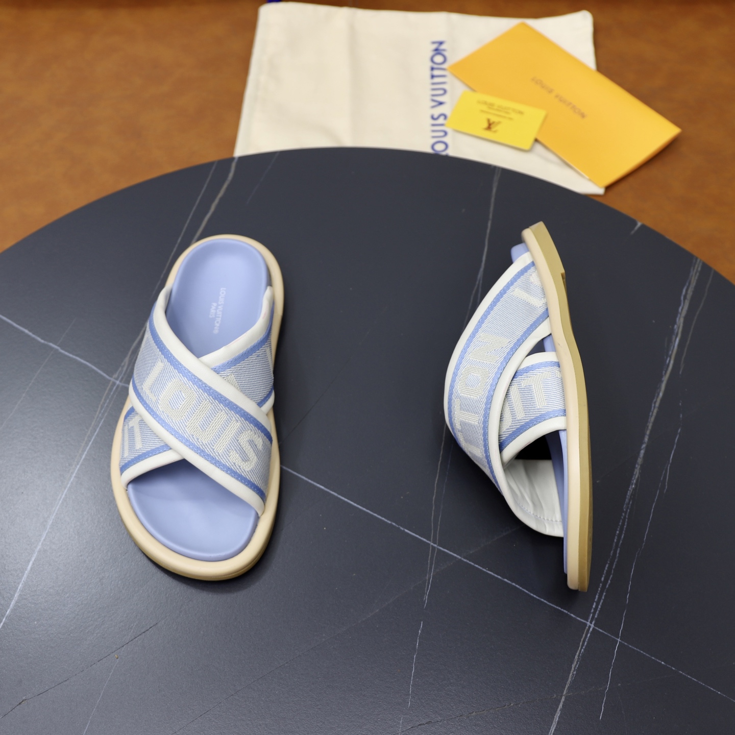Louis Vuitton Embossed Couple Slides Denim and Woven Upper Sandals 8 i1740240646410 6744 0 6