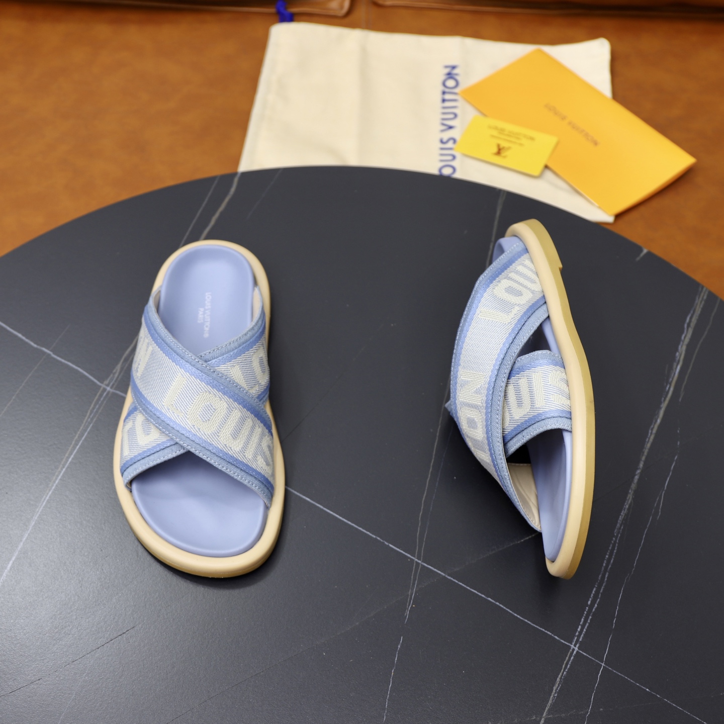 Louis Vuitton Monogram Denim Cross Strap Sandals Slides, Blue, Unisex 8 i1740240714833 3283 0 6