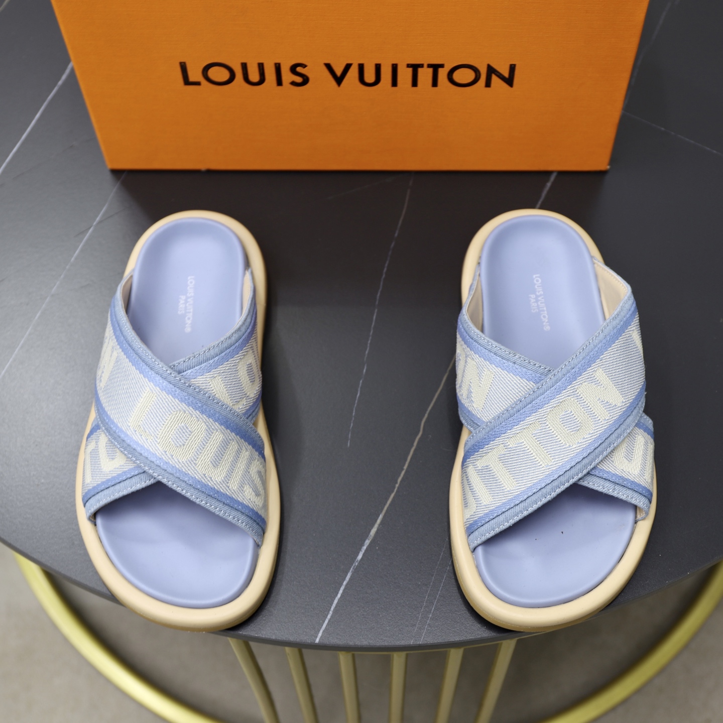 Louis Vuitton Monogram Denim Cross Strap Sandals Slides, Blue, Unisex 1 Louis Vuitton Monogram Denim Cross Strap Sandals Slides, Blue, Unisex