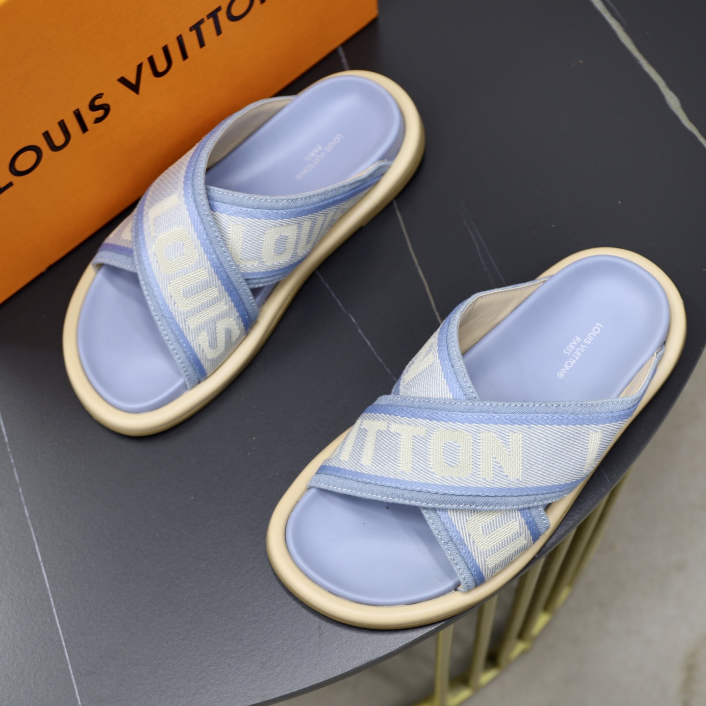 Louis Vuitton Monogram Denim Cross Strap Sandals Slides, Blue, Unisex 3 i1740240714857 2471 0 1