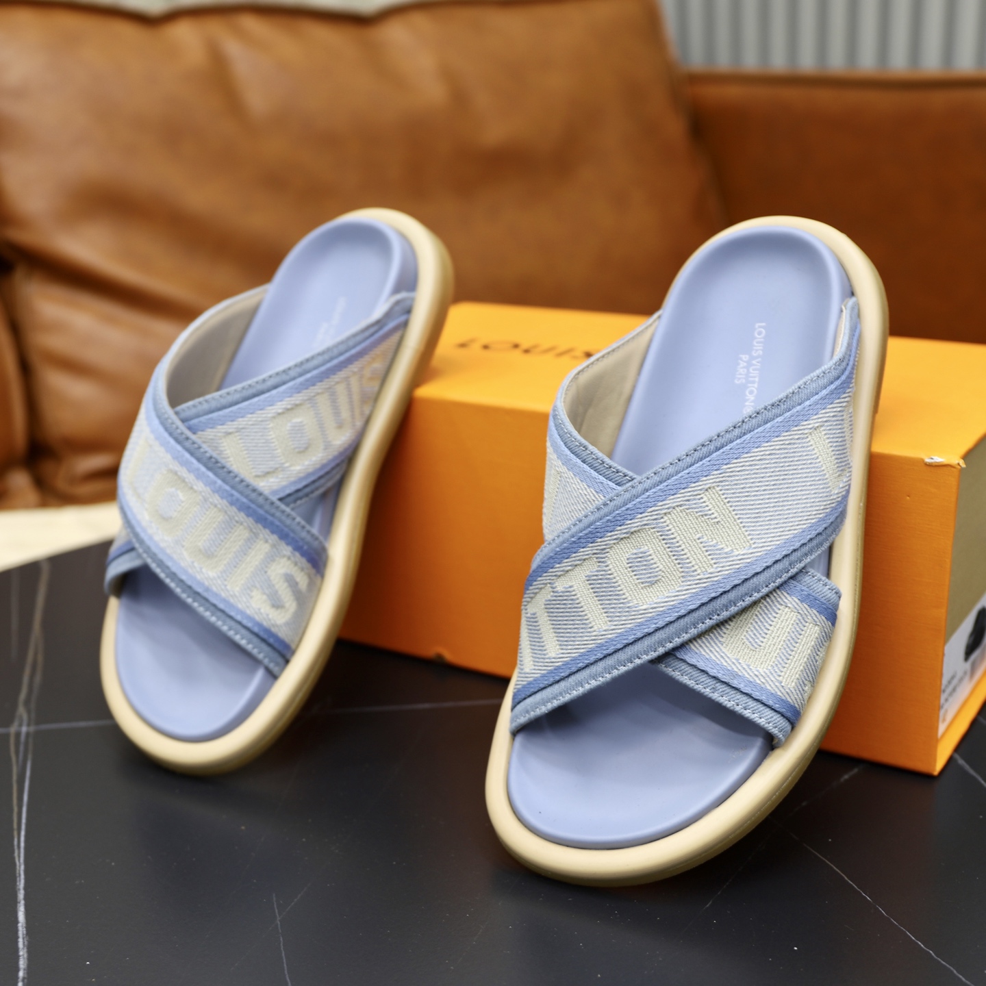 Louis Vuitton Monogram Denim Cross Strap Sandals Slides, Blue, Unisex 7 i1740240716646 1740 0 5