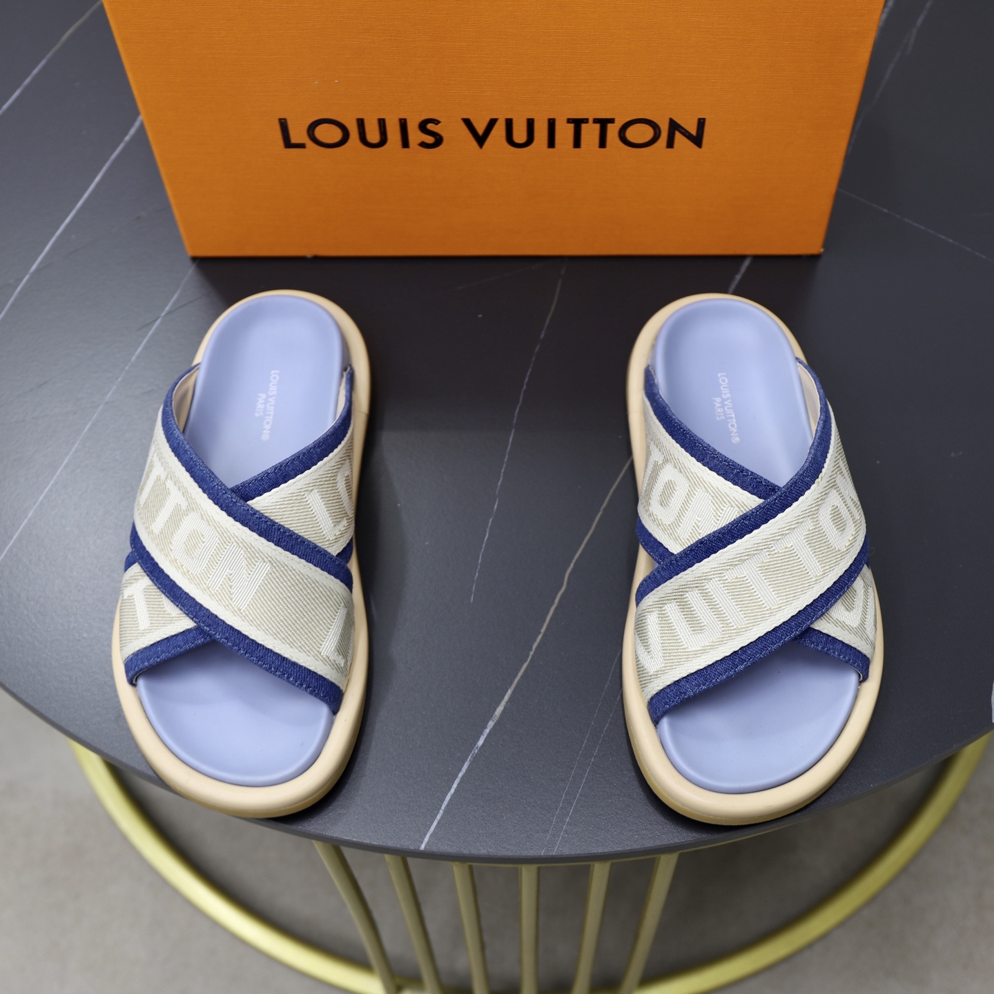 Louis Vuitton Women's Denim and Jacquard Flat Mule Sandals - Stylish Comfort 1 Louis Vuitton Women's Denim and Jacquard Flat Mule Sandals - Stylish Comfort