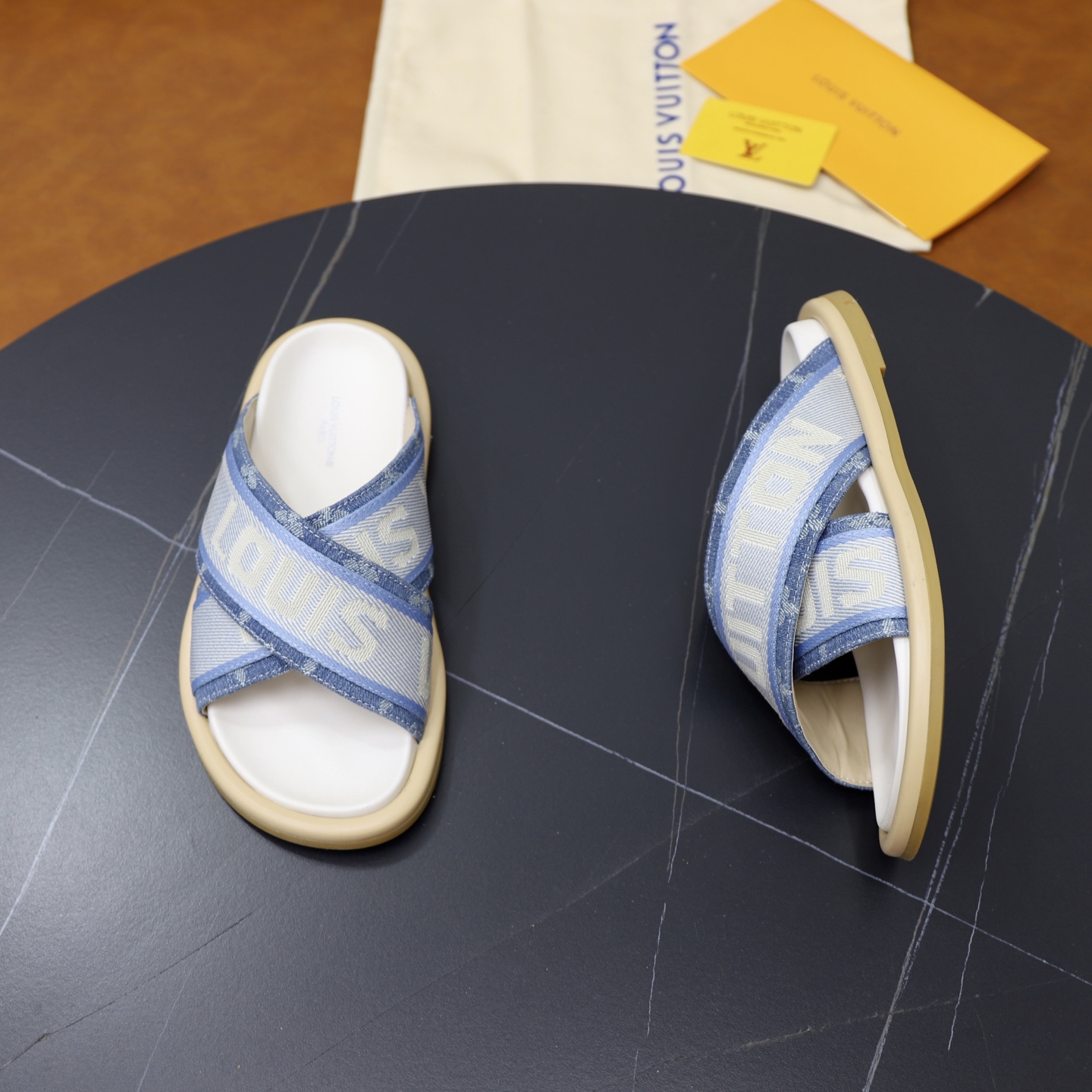 Louis Vuitton Monogram Denim Cross Sandals, Designer Slides for Women 8 i1740240784549 5046 0 6
