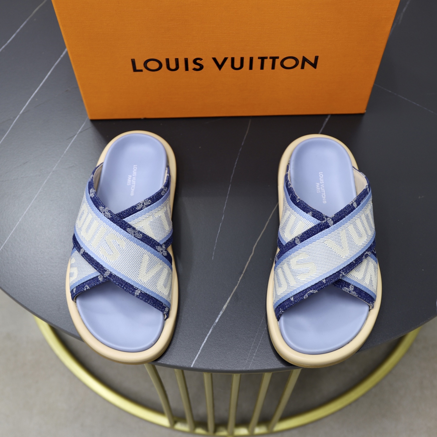 Louis Vuitton Embossed Denim Cross Strap Sandals Slides for Women/Men 2 i1740240823646 2658 0 0