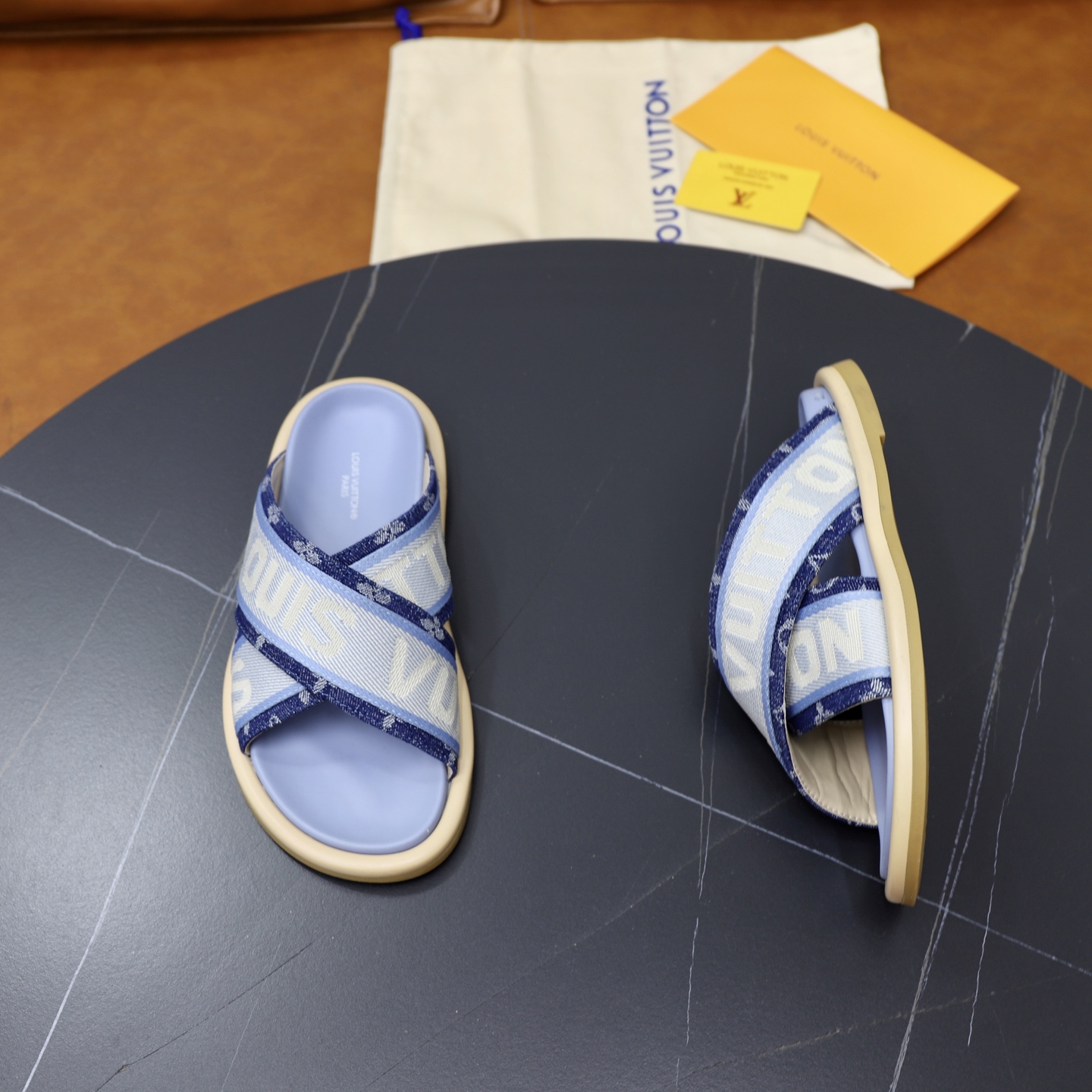 Louis Vuitton Embossed Denim Cross Strap Sandals Slides for Women/Men 8 i1740240823650 2384 0 6