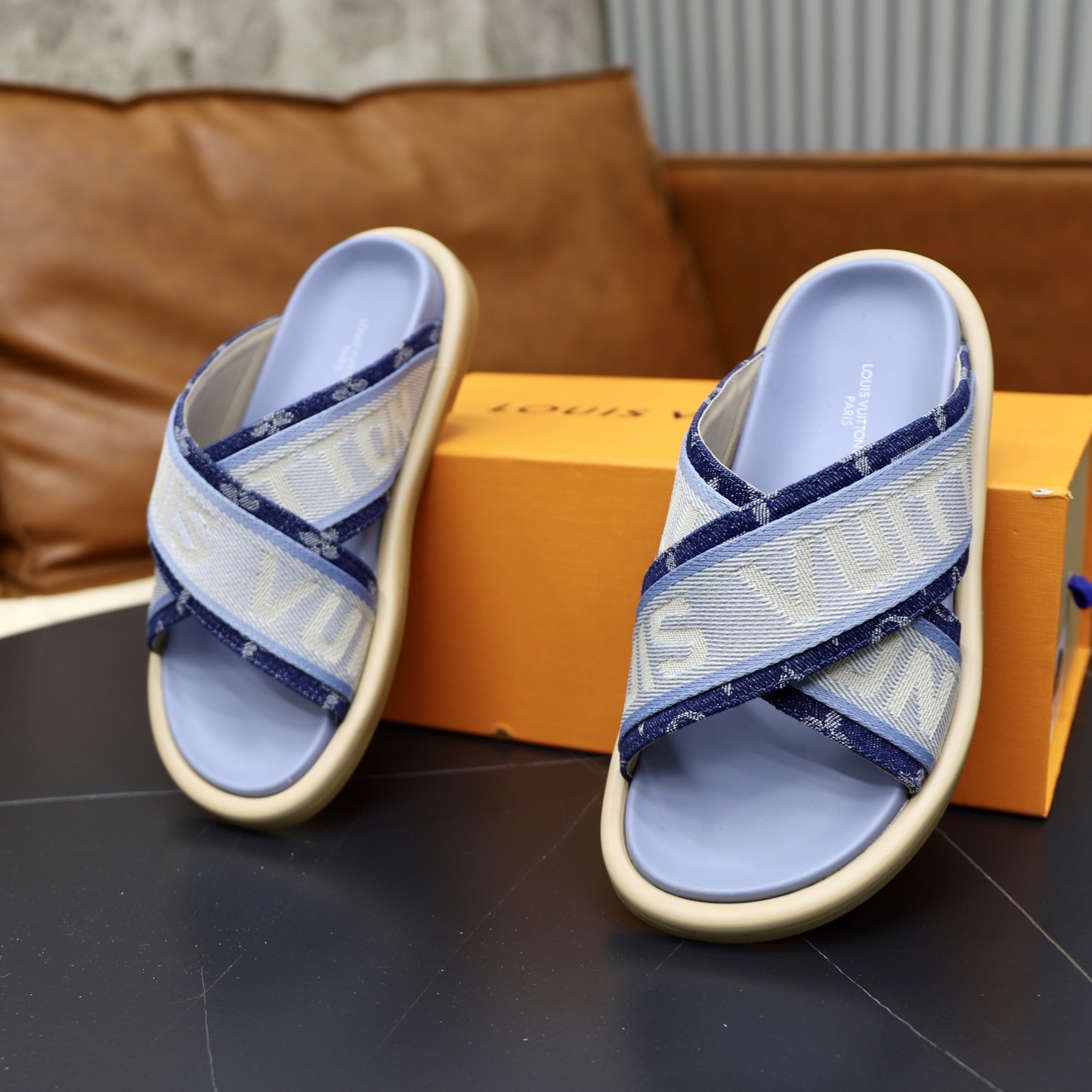 Louis Vuitton Embossed Denim Cross Strap Sandals Slides for Women/Men 7 i1740240823653 4387 0 5