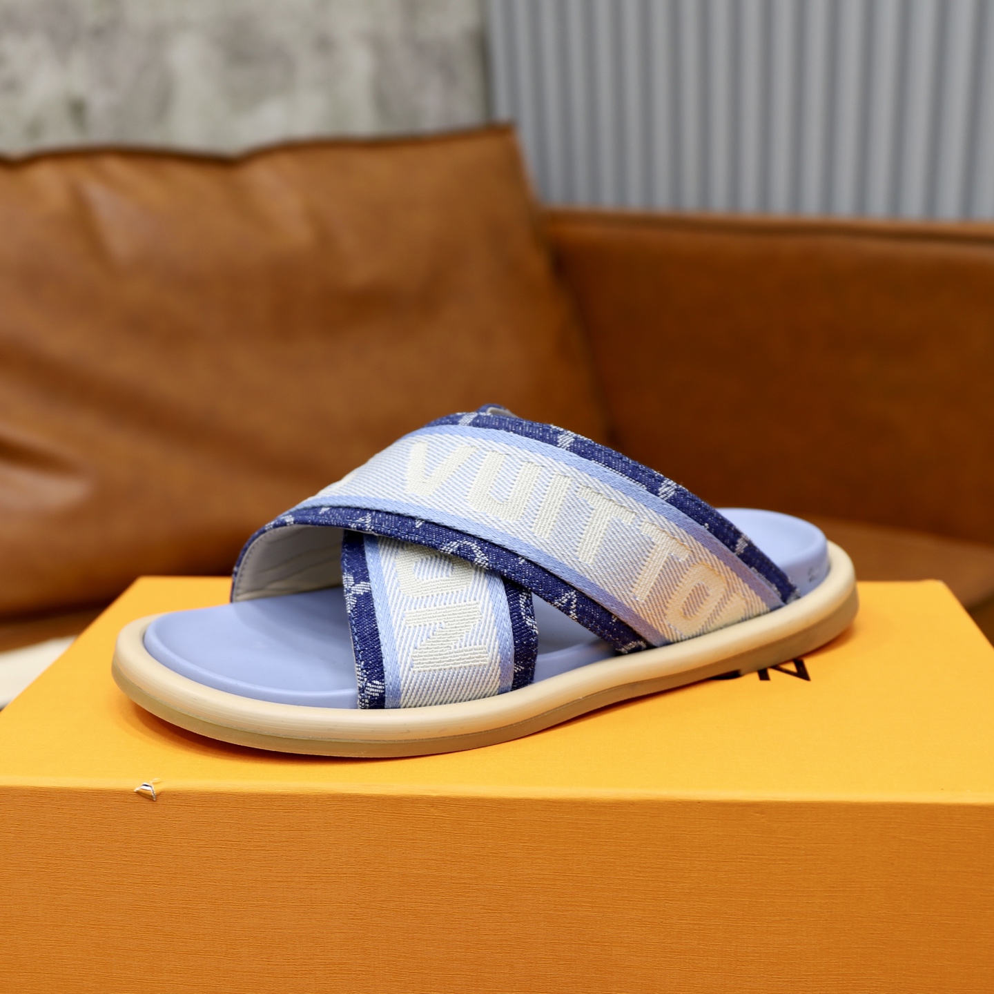 Louis Vuitton Embossed Denim Cross Strap Sandals Slides for Women/Men 5 i1740240826232 5096 0 3