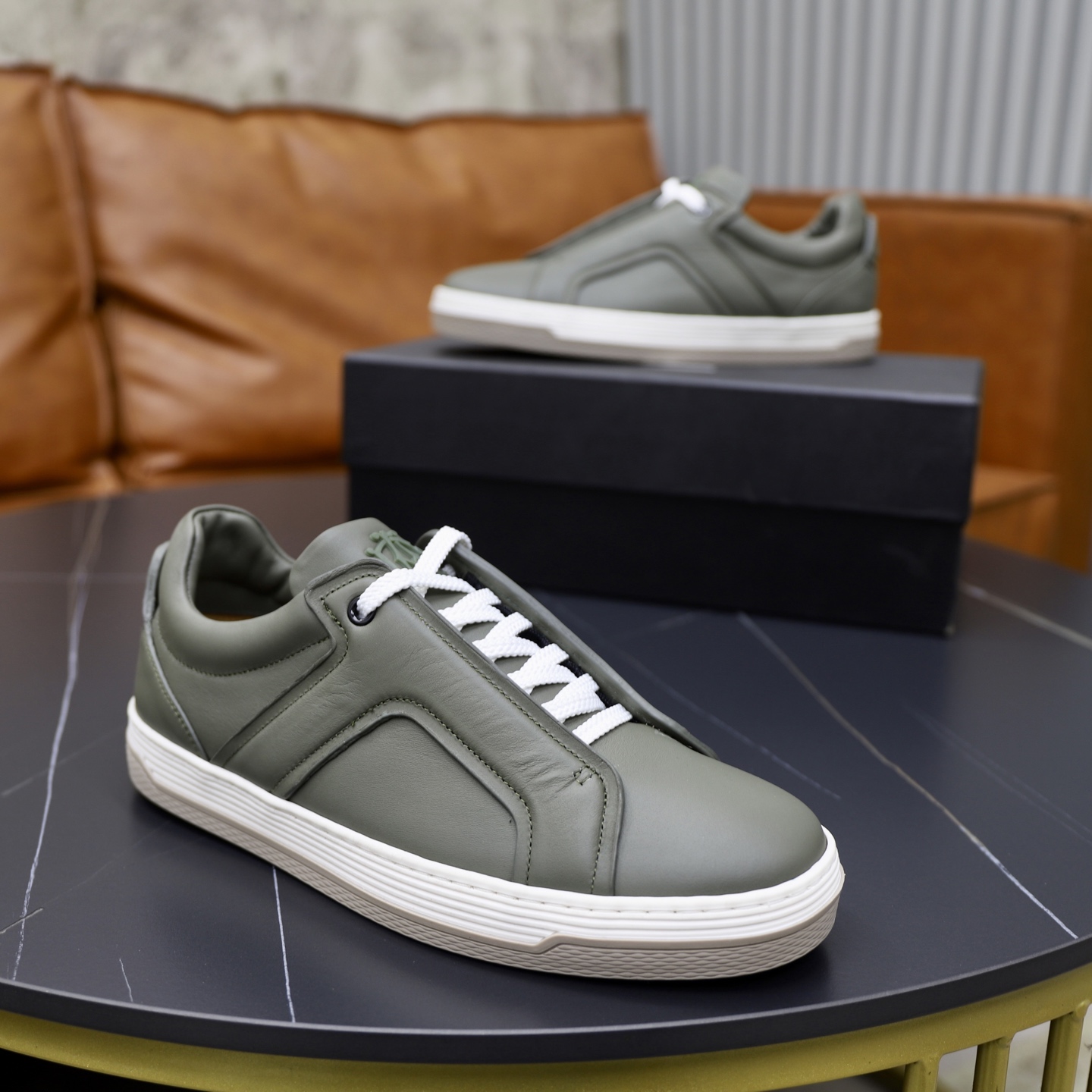 Dunhill Men's Olive Green Leather Lace-Up Sneakers, Lightweight & Comfortable 9 i1741710528678 3293 0 7