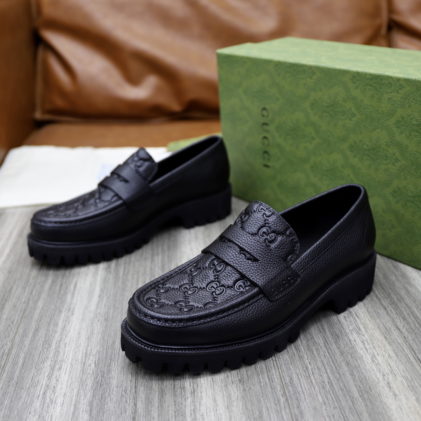 Gucci Men's Black Leather Loafers with Chain G Buckle and GG Embossed Design 6 i1742574768323 4802 0 4