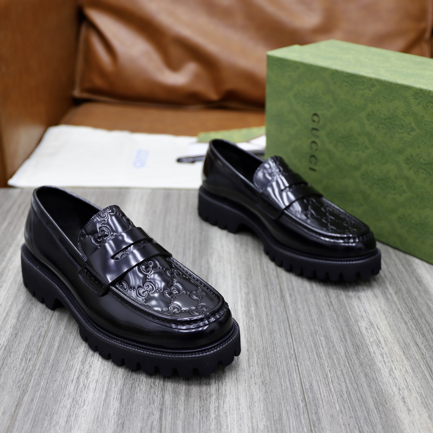 Gucci Men's Black Leather Loafers with Chain G Buckle Detail and Embossed GG Motif 5 i1742574815722 4853 0 3