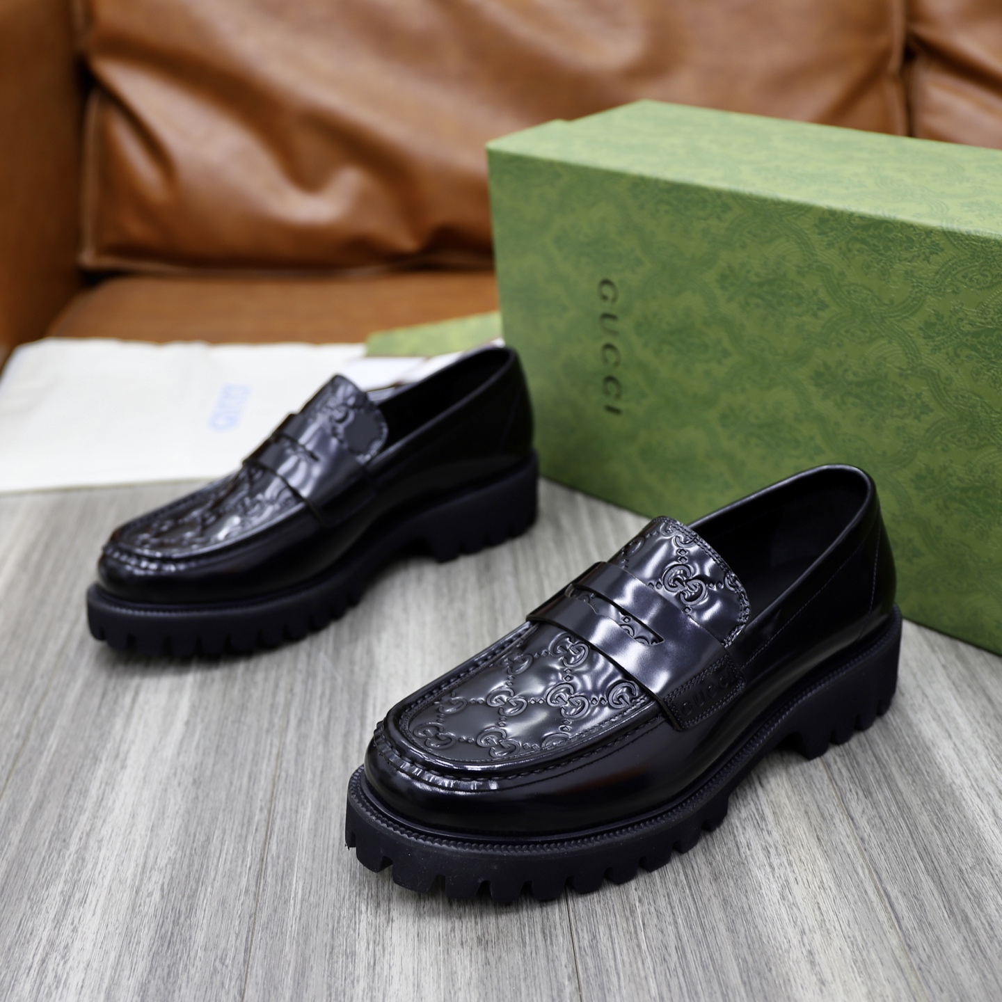 Gucci Men's Black Leather Loafers with Chain G Buckle Detail and Embossed GG Motif 6 i1742574815792 7760 0 4