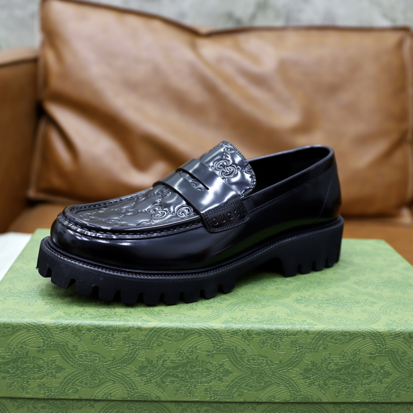 Gucci Men's Black Leather Loafers with Chain G Buckle Detail and Embossed GG Motif 7 i1742574823948 3318 0 5