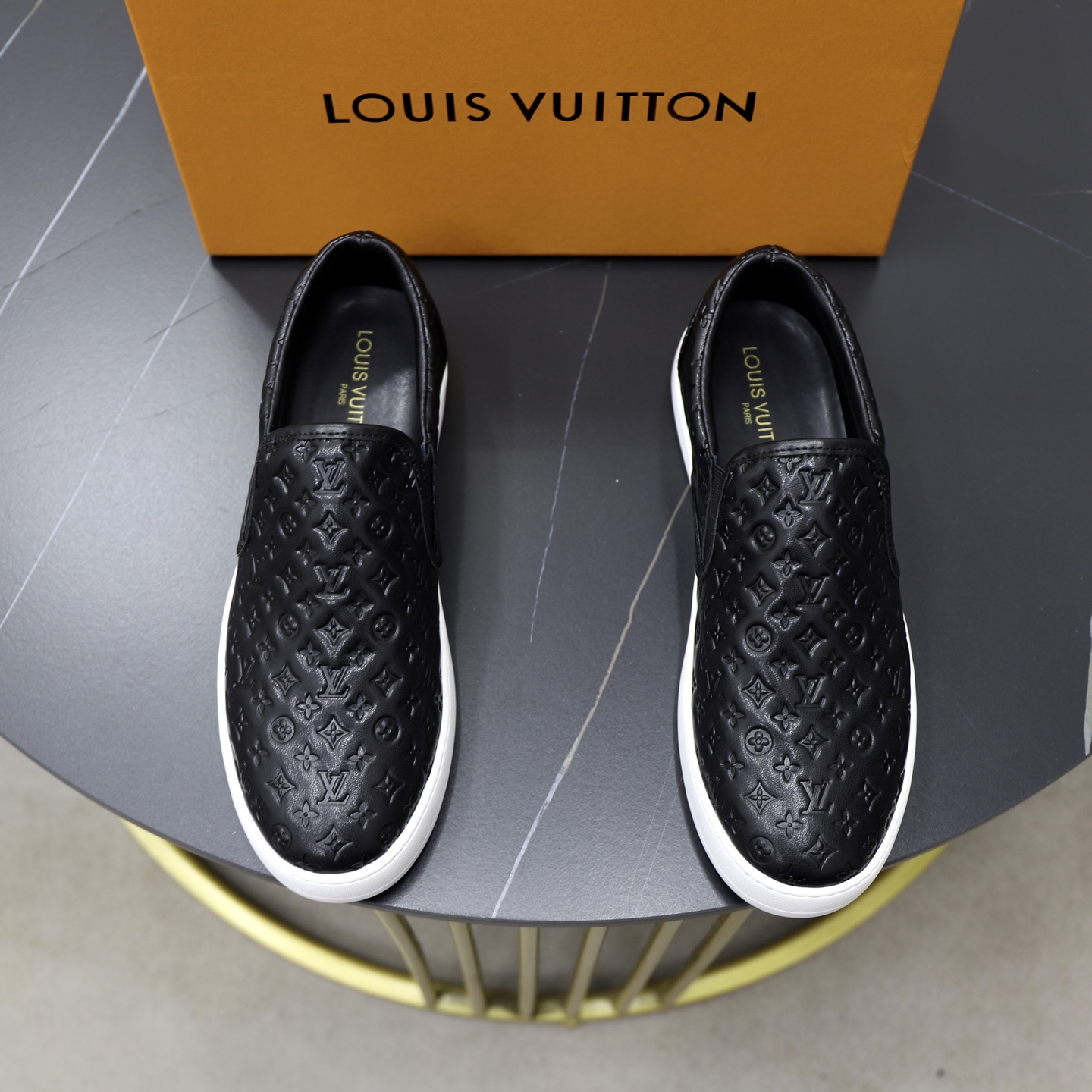 Louis Vuitton Men's Black Leather Slip-On Sneakers - Luxurious Comfort