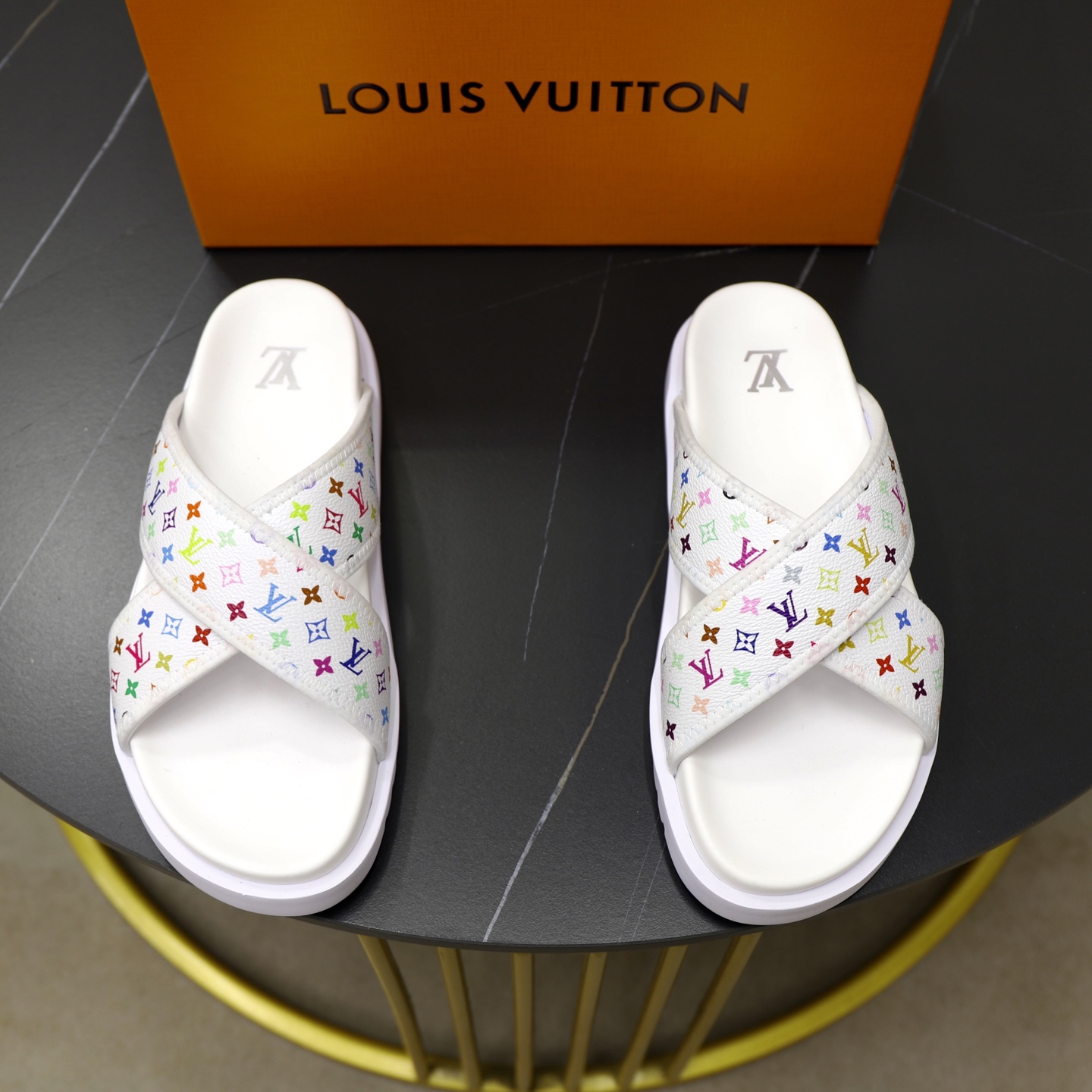 Louis Vuitton Multicolor Monogram Cross Strap Sandals Slides Size 38-44 1 Louis Vuitton Multicolor Monogram Cross Strap Sandals Slides Size 38-44