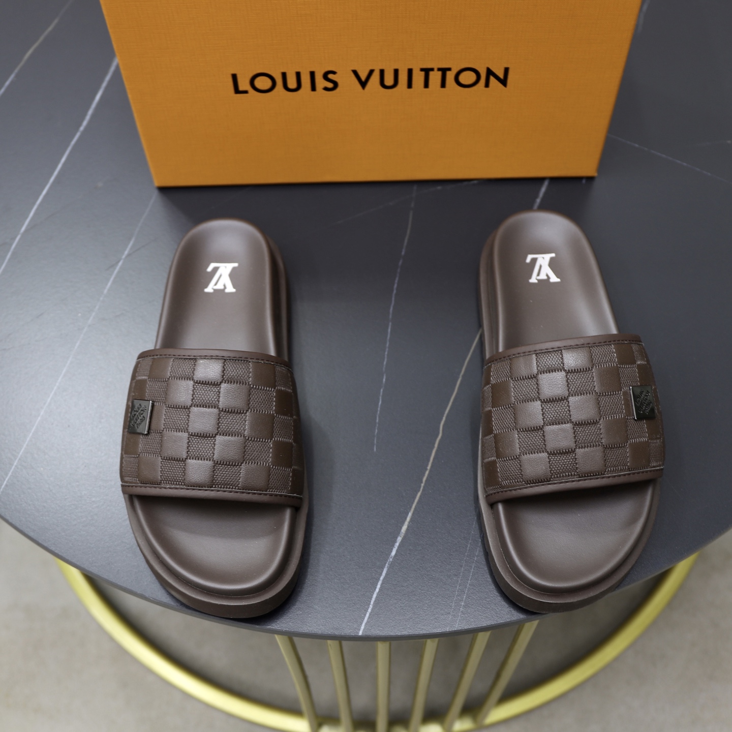 Louis Vuitton Men's Brown Leather Damier Print Slide Sandals, Size 38-44 2 i1742833153370 5772 0 0