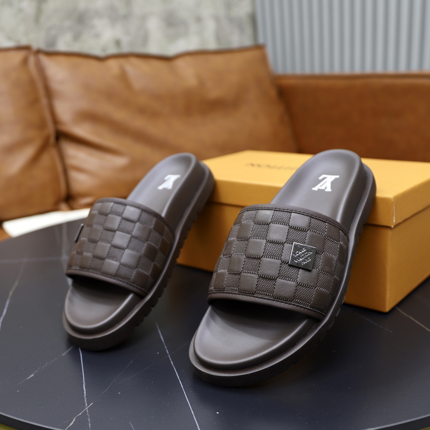 Louis Vuitton Men's Brown Leather Damier Print Slide Sandals, Size 38-44 7 i1742833153389 8943 0 5