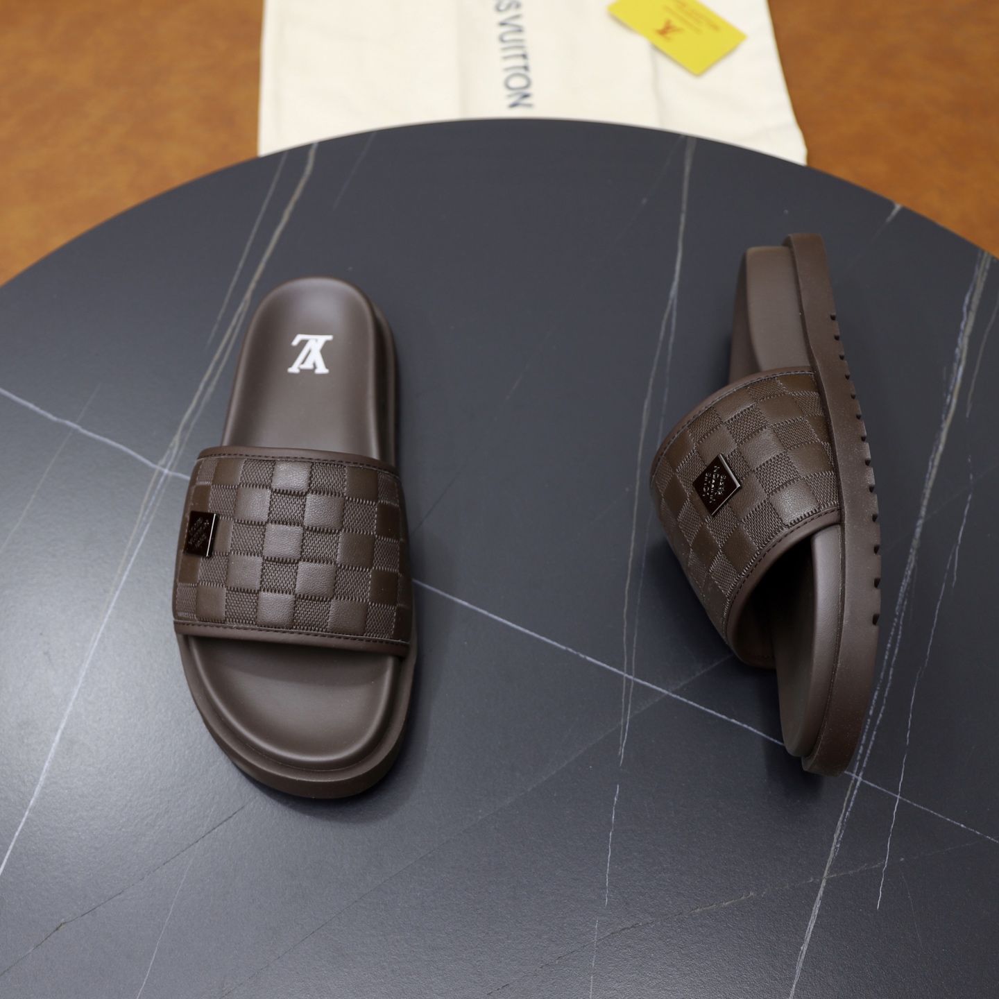 Louis Vuitton Men's Brown Leather Damier Print Slide Sandals, Size 38-44 8 i1742833153407 6845 0 6