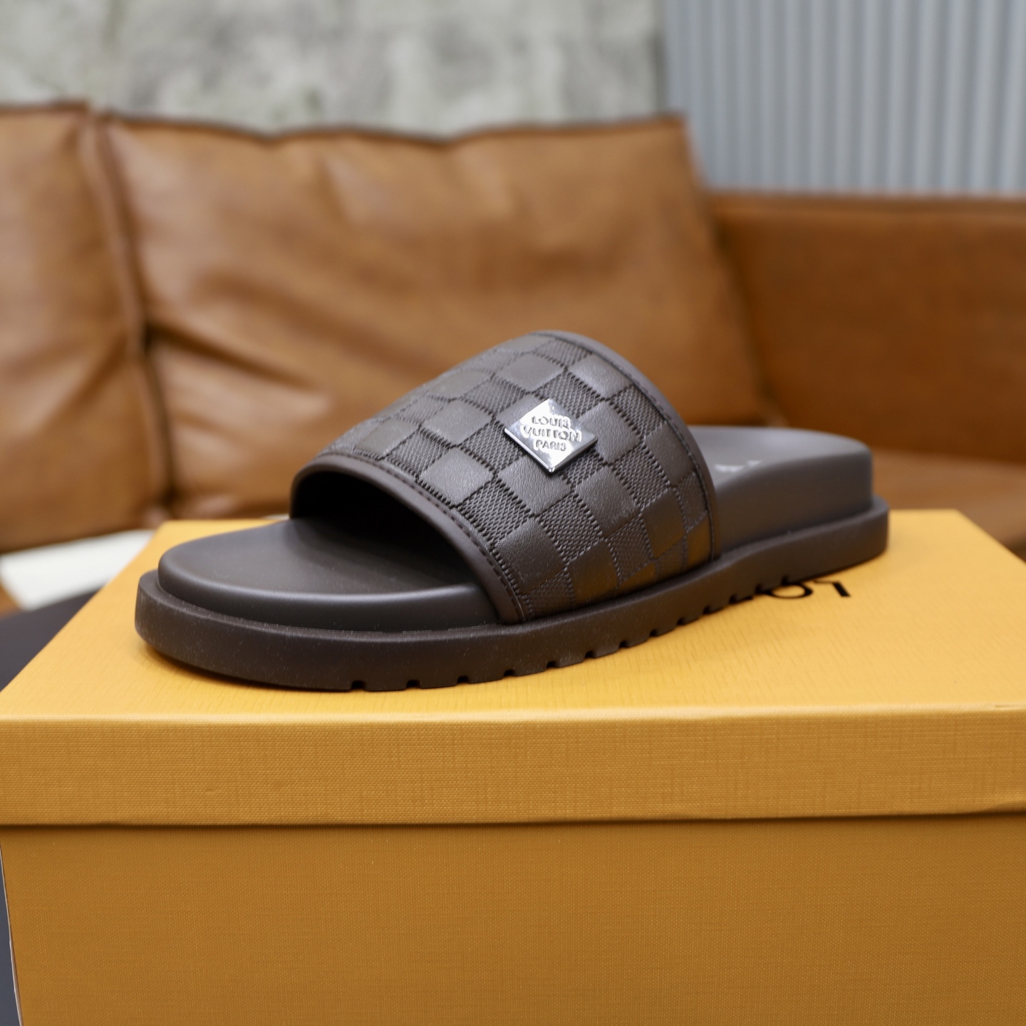 Louis Vuitton Men's Brown Leather Damier Print Slide Sandals, Size 38-44 5 i1742833154338 2264 0 3