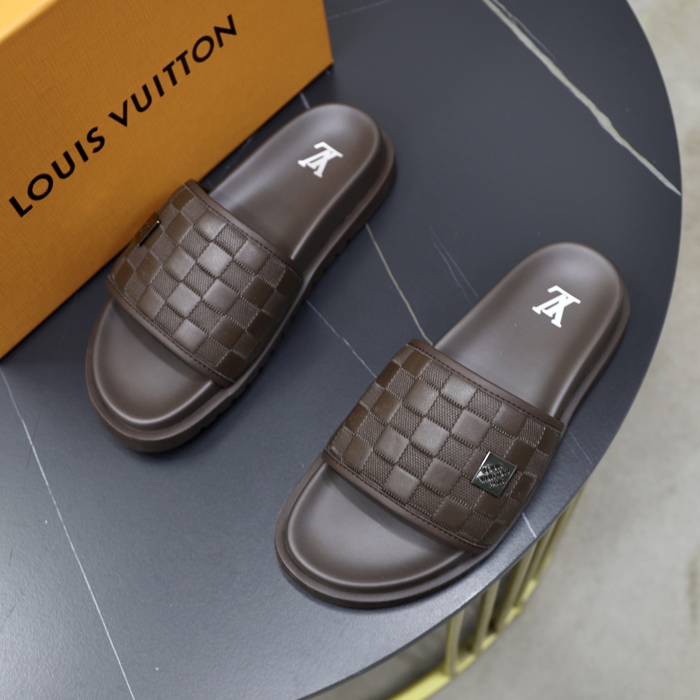 Louis Vuitton Men's Brown Leather Damier Print Slide Sandals, Size 38-44 3 i1742833154350 554 0 1