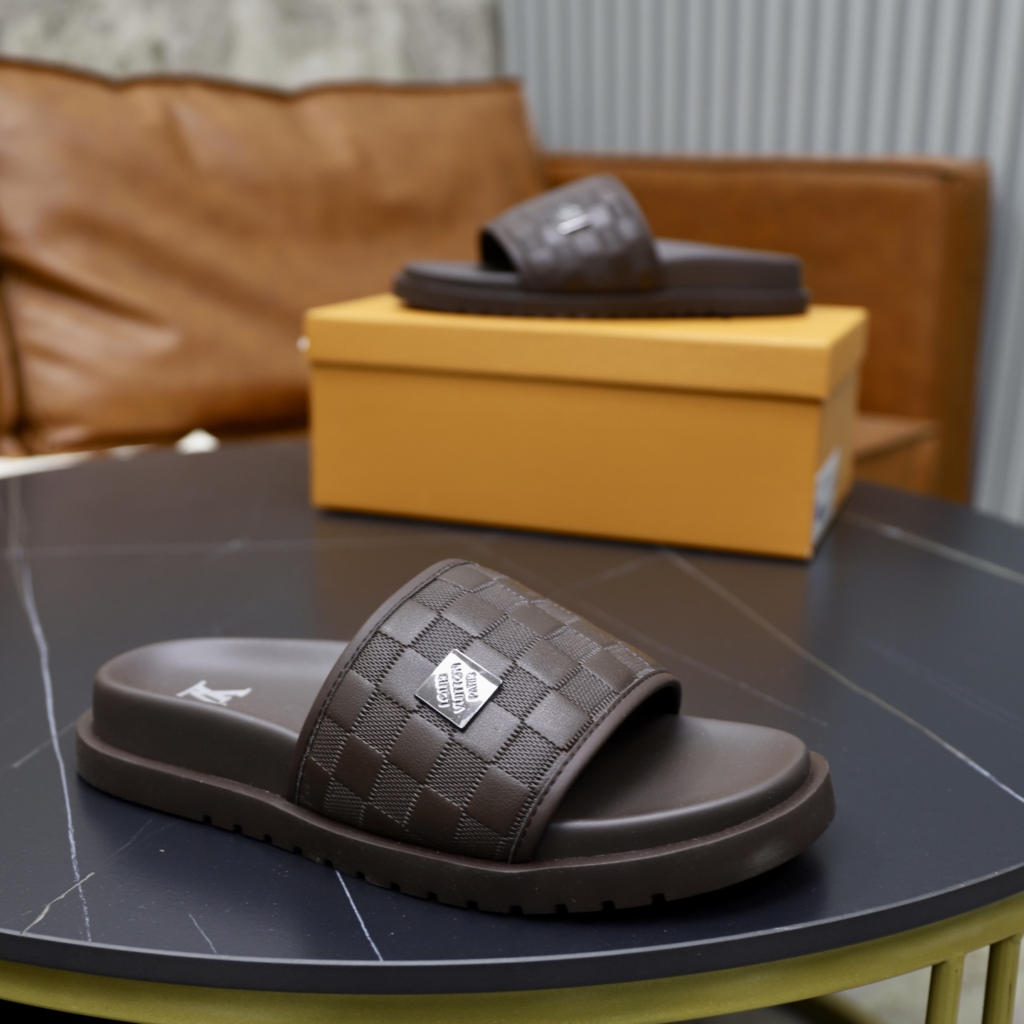 Louis Vuitton Men's Brown Leather Damier Print Slide Sandals, Size 38-44 9 i1742833154368 9167 0 7