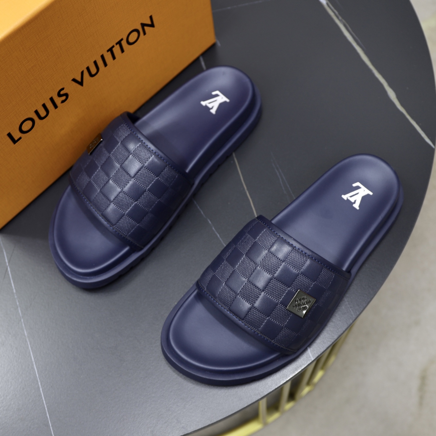 Louis Vuitton Men's Blue Damier Print Rubber Slide Sandals, Sizes 38-44 3 i1742833165448 152 0 1