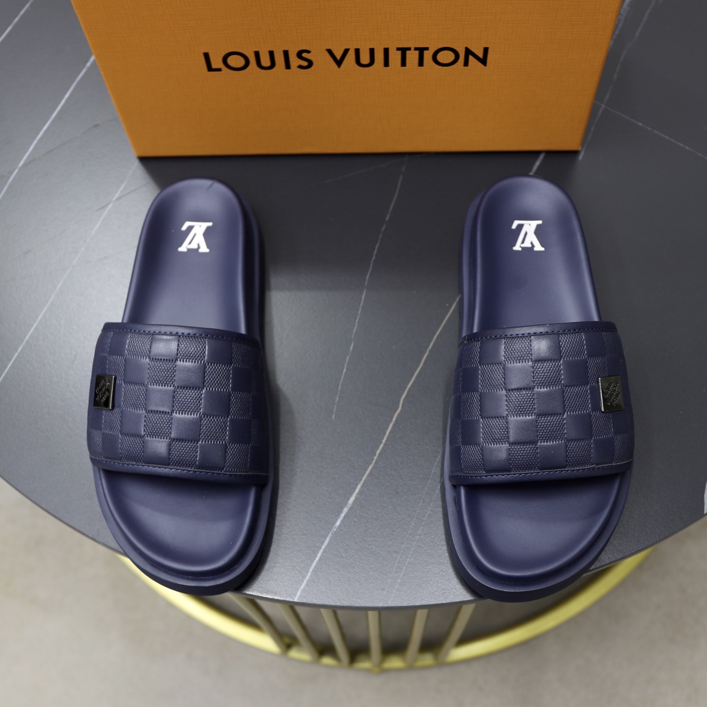 Louis Vuitton Men's Blue Damier Print Rubber Slide Sandals, Sizes 38-44 1 Louis Vuitton Men's Blue Damier Print Rubber Slide Sandals, Sizes 38-44