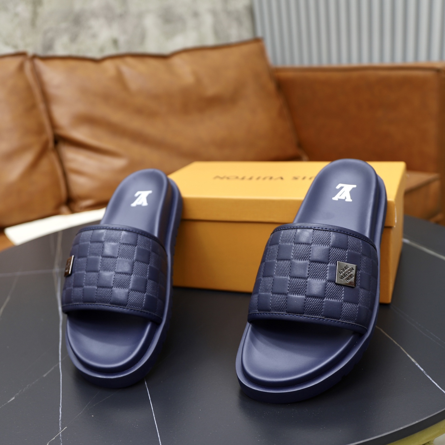 Louis Vuitton Men's Blue Damier Print Rubber Slide Sandals, Sizes 38-44 7 i1742833166391 9249 0 5