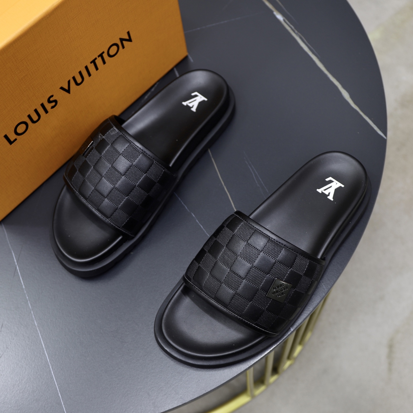 Louis Vuitton Men's Black Leather Damier Pattern Slides Sandals 3 i1742833180568 3935 0 1