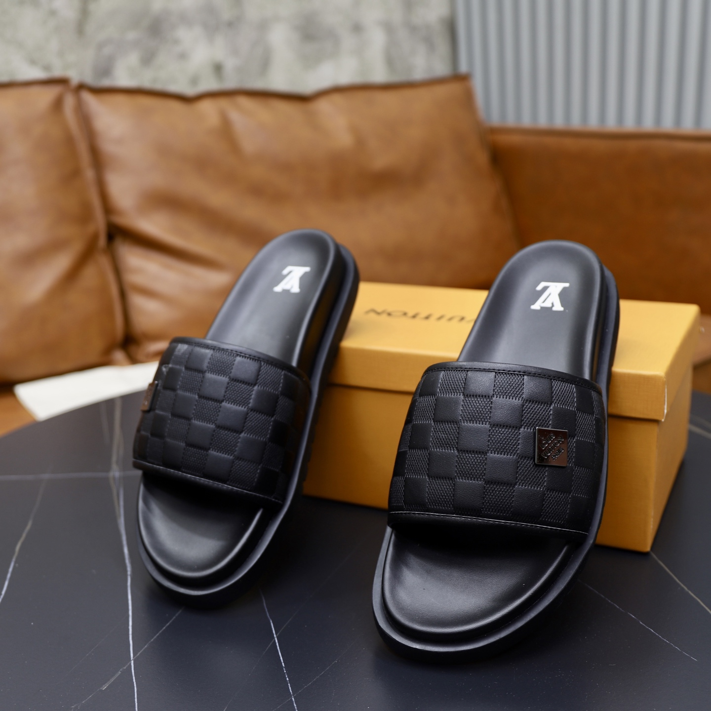 Louis Vuitton Men's Black Leather Damier Pattern Slides Sandals 7 i1742833180574 2159 0 5