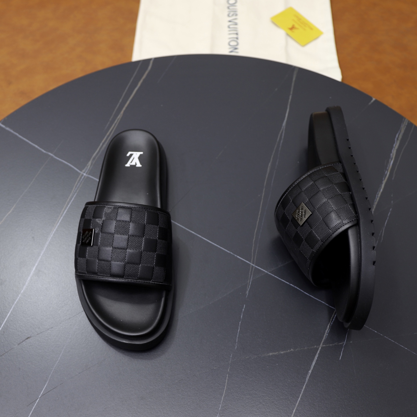 Louis Vuitton Men's Black Leather Damier Pattern Slides Sandals 8 i1742833180621 8714 0 6