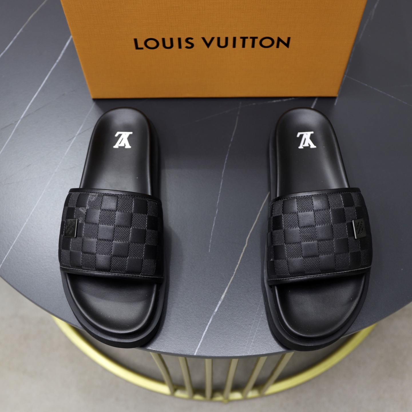 Louis Vuitton Men's Black Leather Damier Pattern Slides Sandals 2 i1742833180627 8308 0 0