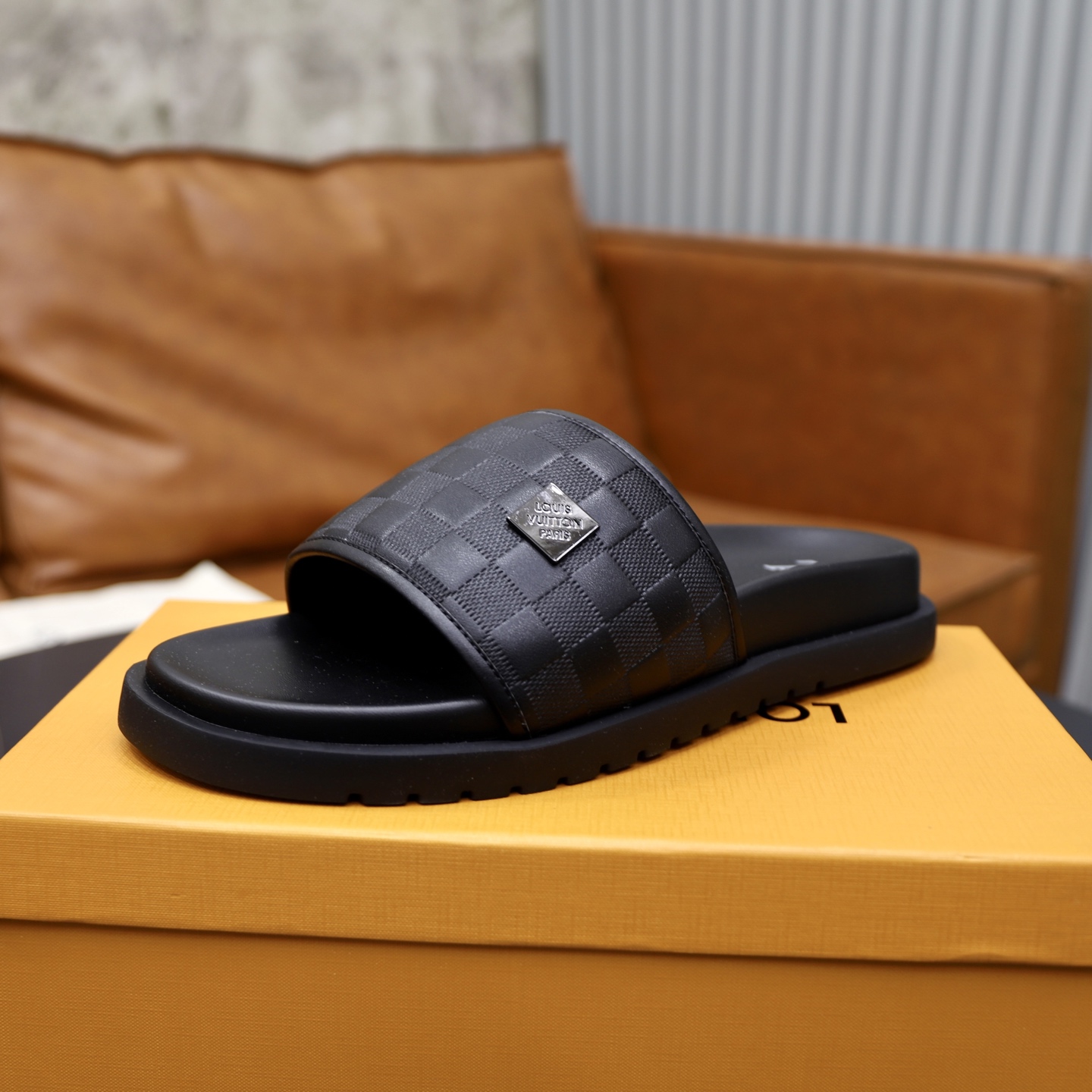 Louis Vuitton Men's Black Leather Damier Pattern Slides Sandals 5 i1742833181516 6716 0 3