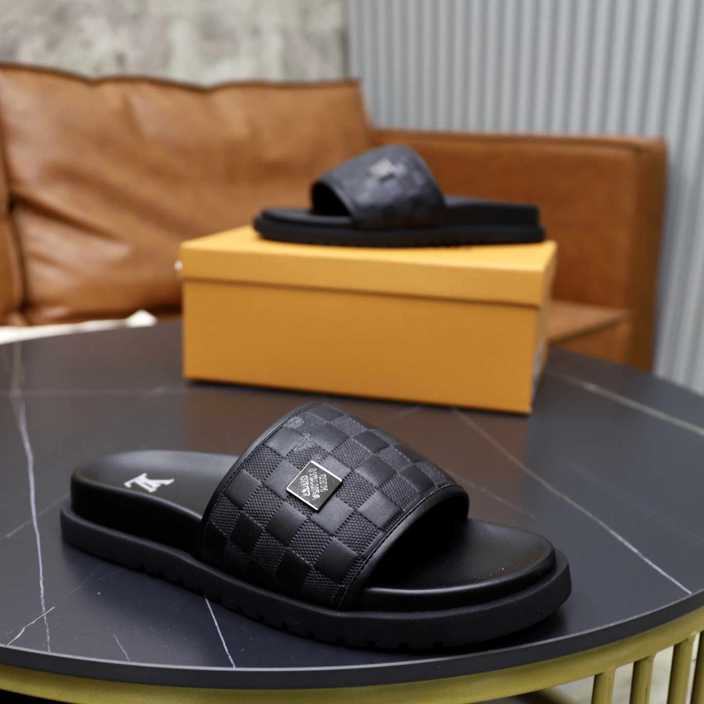 Louis Vuitton Men's Black Leather Damier Pattern Slides Sandals 9 i1742833181532 8721 0 7