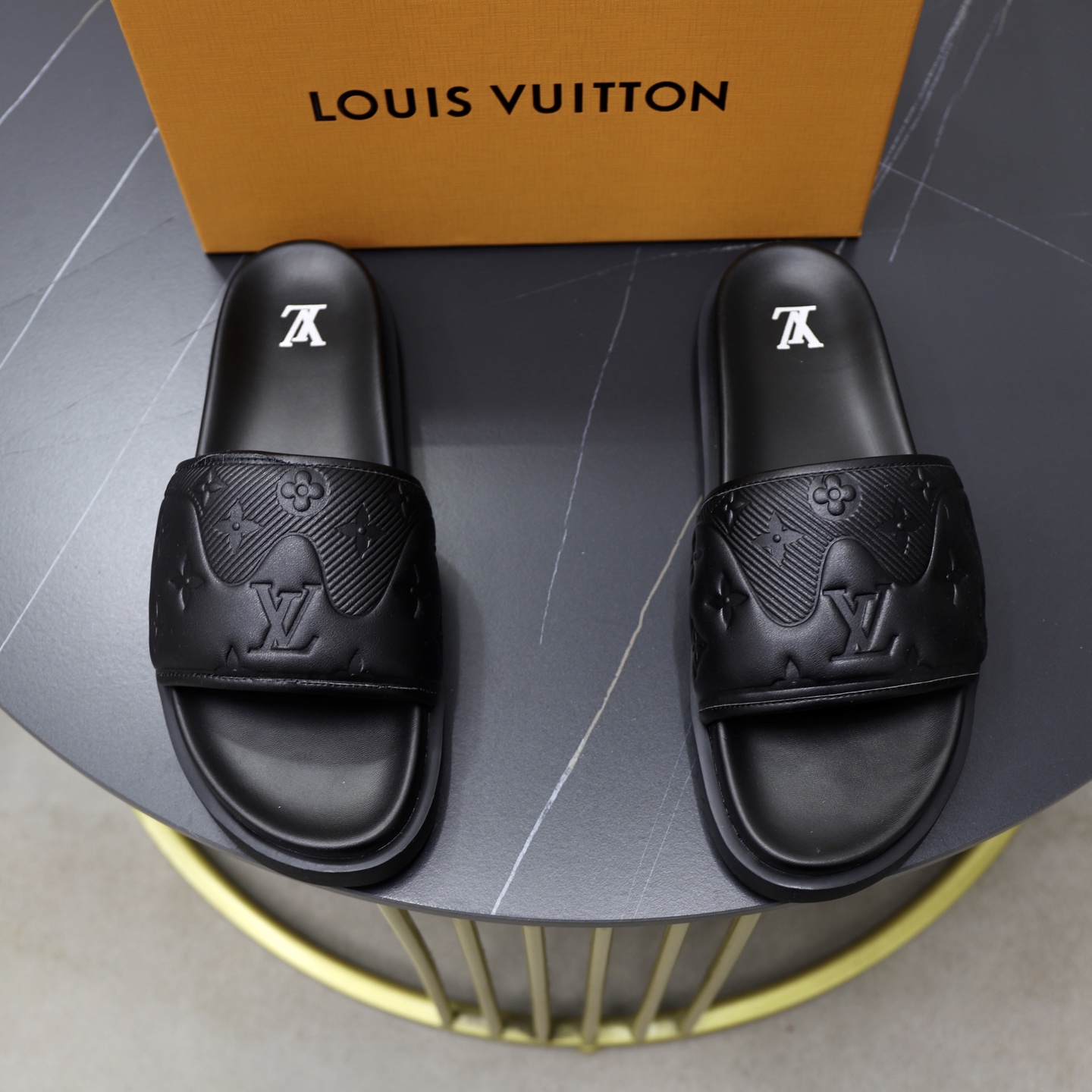 Louis Vuitton Men's Black Leather Monogram Embossed Logo Slide Sandals 1 Louis Vuitton Men's Black Leather Monogram Embossed Logo Slide Sandals