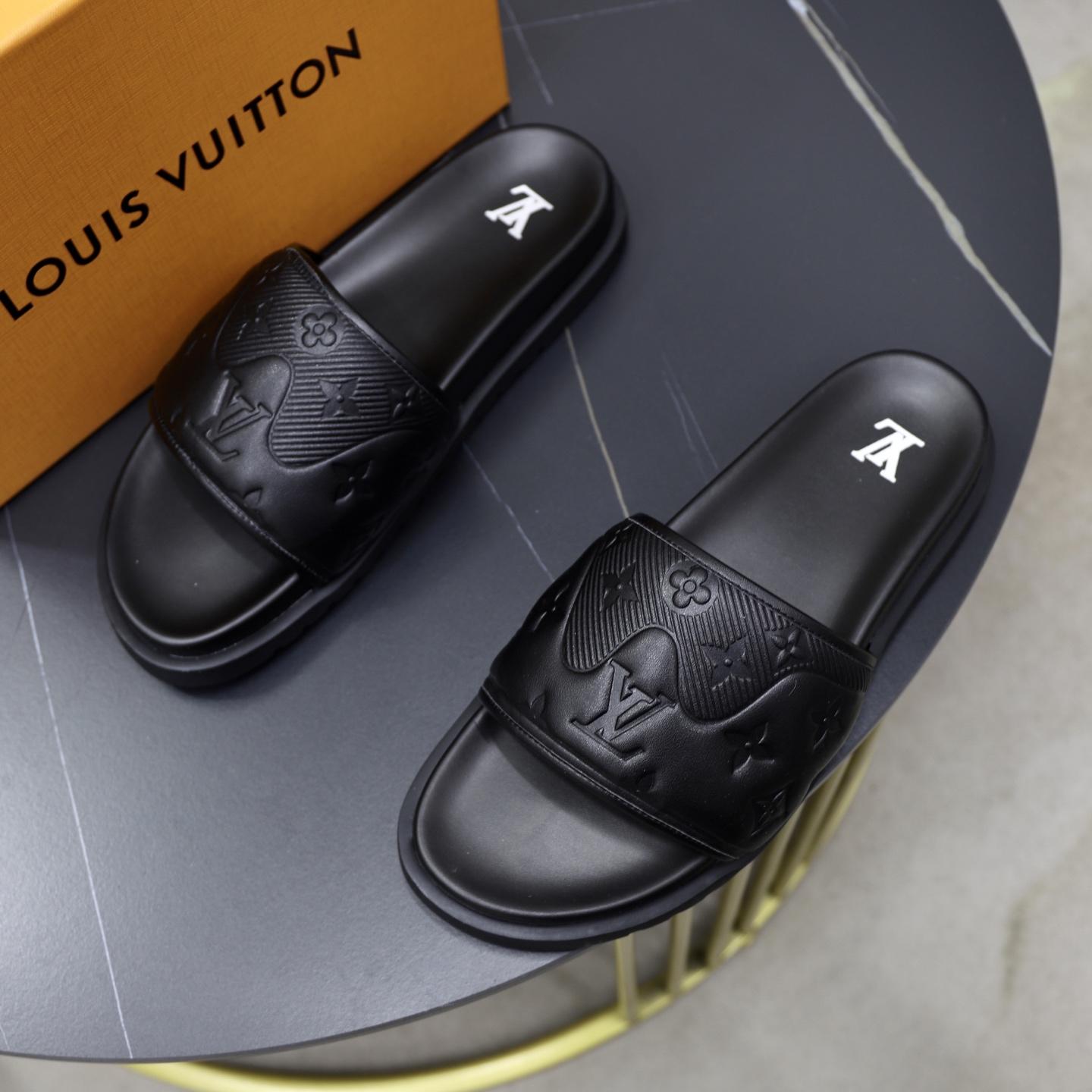 Louis Vuitton Men's Black Leather Monogram Embossed Logo Slide Sandals 3 i1742833236380 4022 0 1