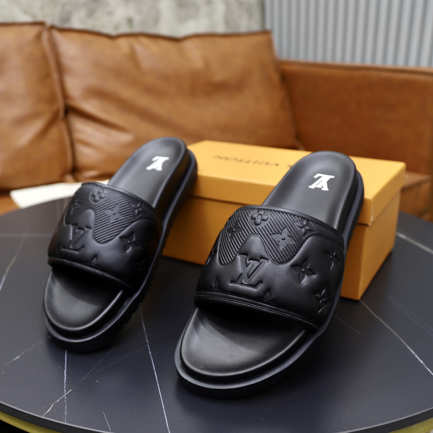 Louis Vuitton Men's Black Leather Monogram Embossed Logo Slide Sandals 7 i1742833236389 9812 0 5