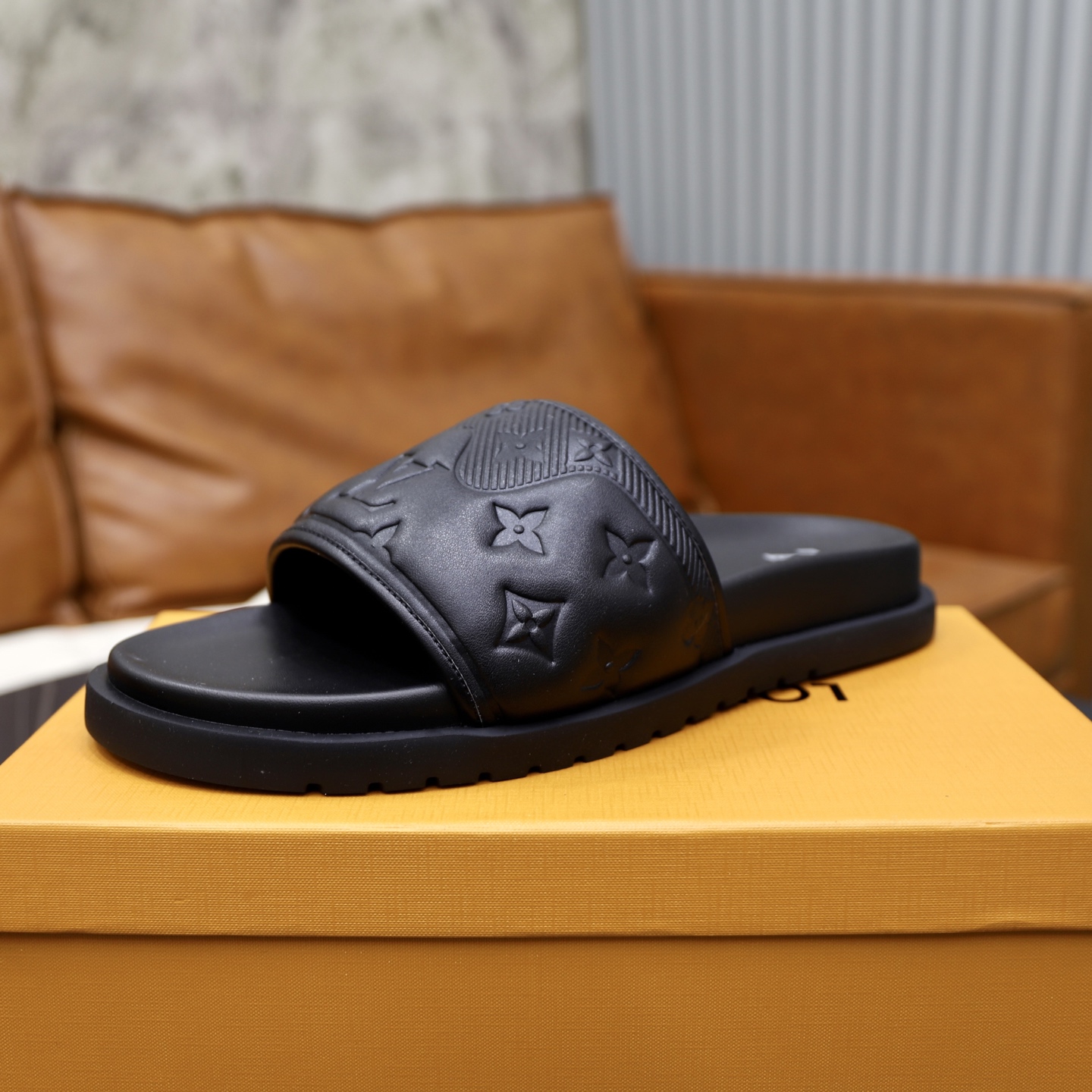 Louis Vuitton Men's Black Leather Monogram Embossed Logo Slide Sandals 5 i1742833236406 1157 0 3