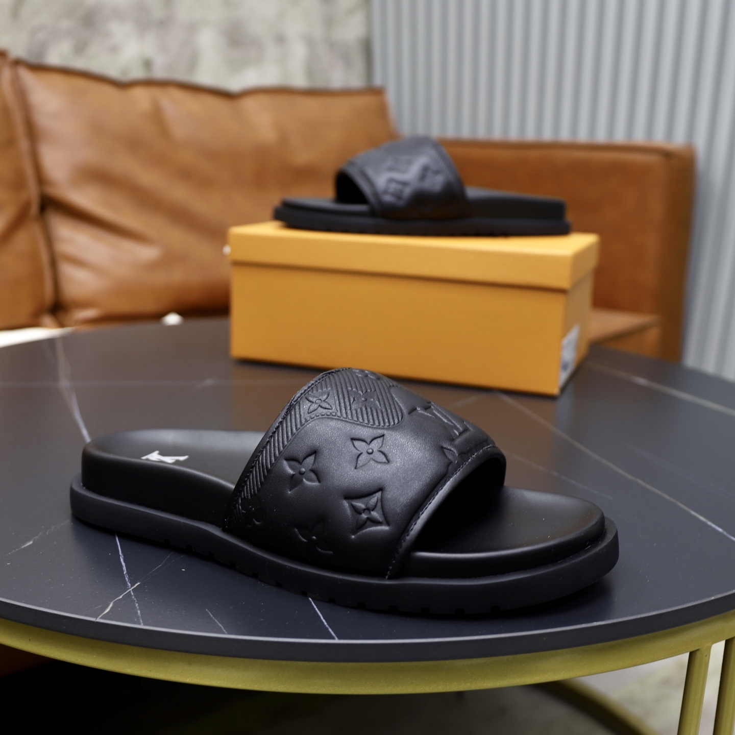 Louis Vuitton Men's Black Leather Monogram Embossed Logo Slide Sandals 9 i1742833237378 7872 0 7