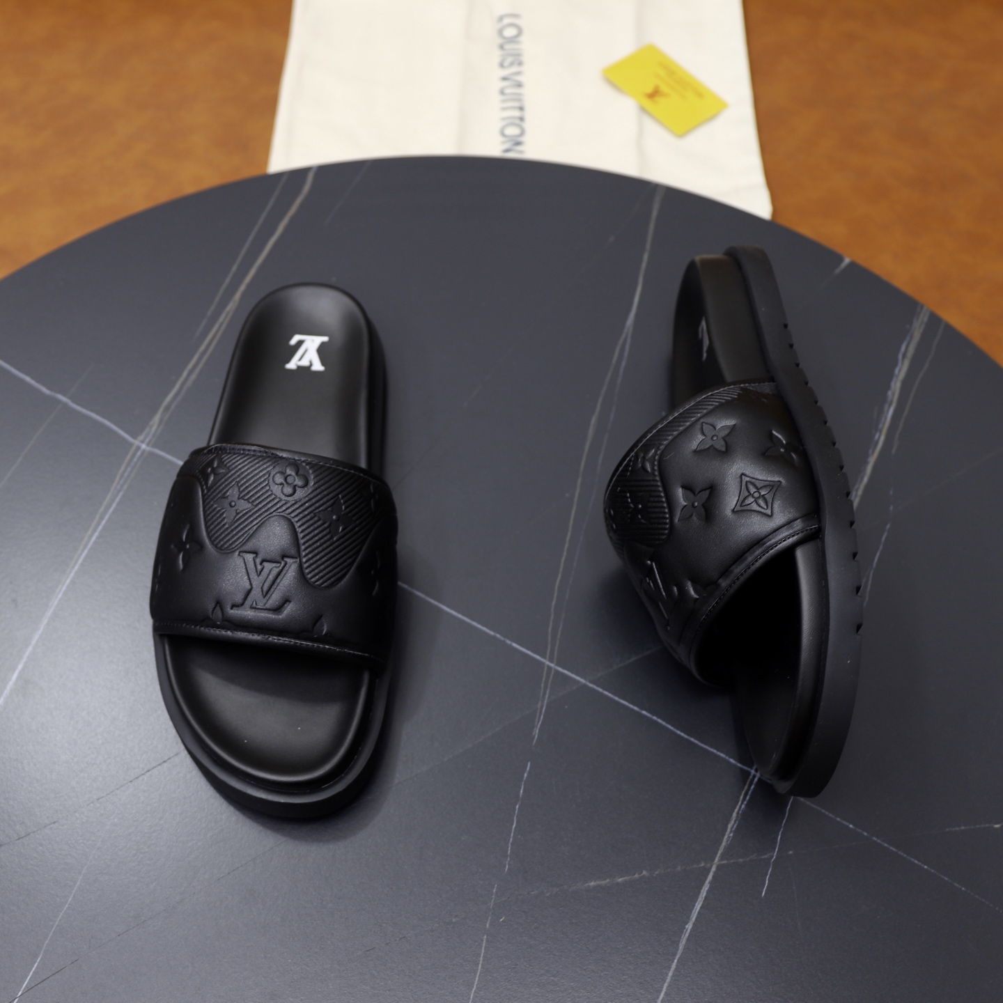 Louis Vuitton Men's Black Leather Monogram Embossed Logo Slide Sandals 8 i1742833237409 1272 0 6